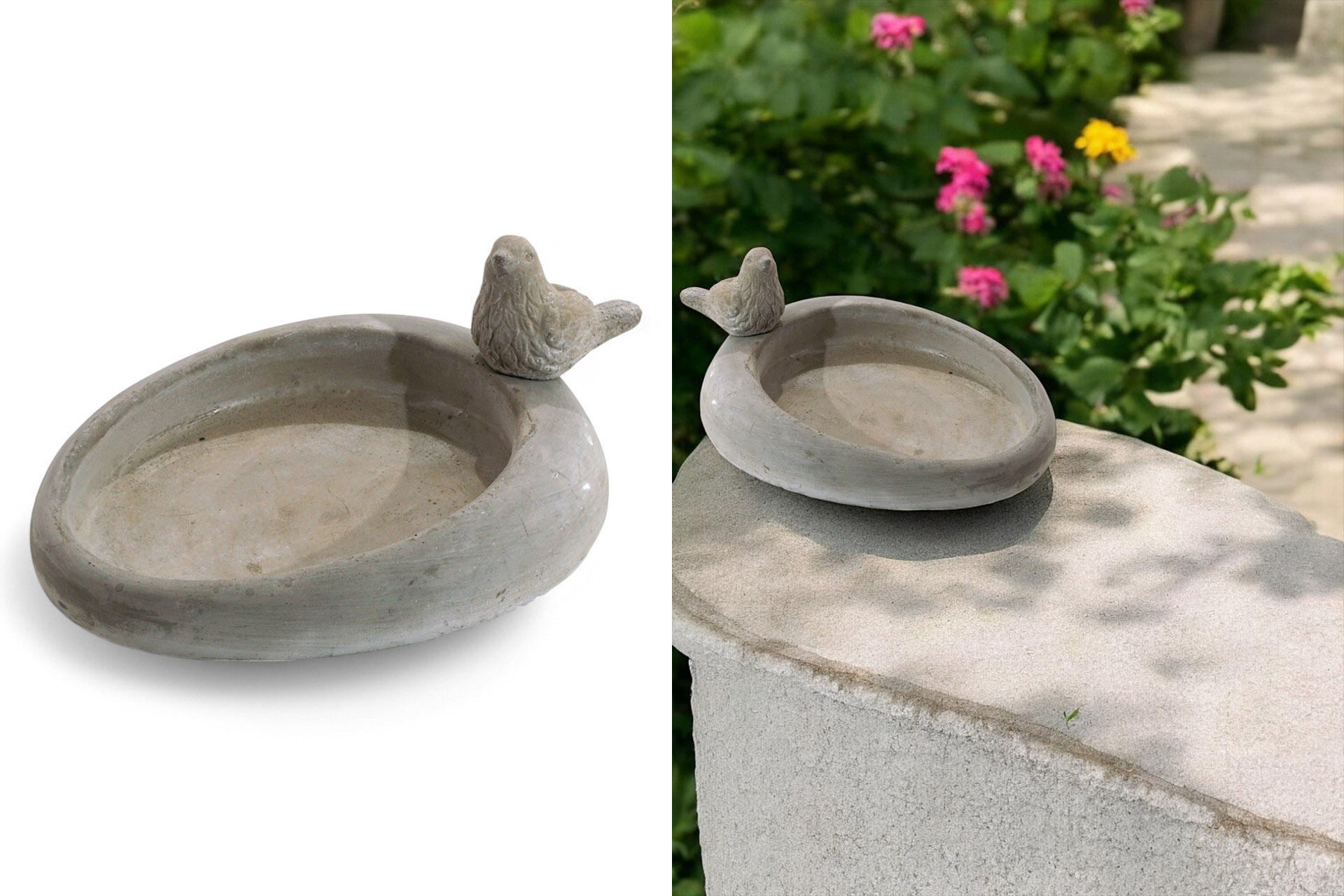 Vogeltränke mit Vogelfigur, Stein, 20x17cm