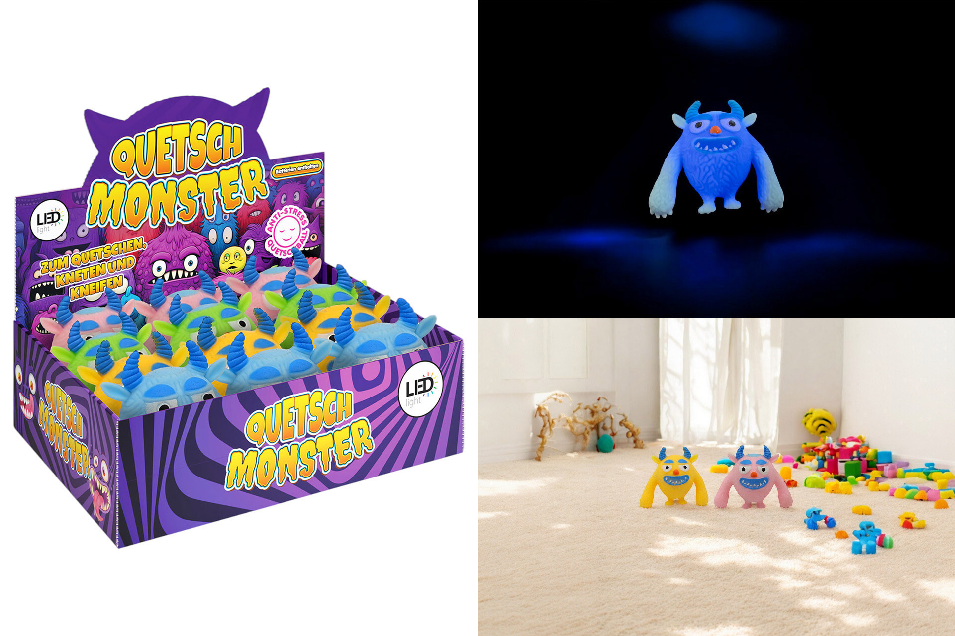 LED Quetschball Anti-Stress "Monster" 12x6x9cm, 4 Farben, im Display