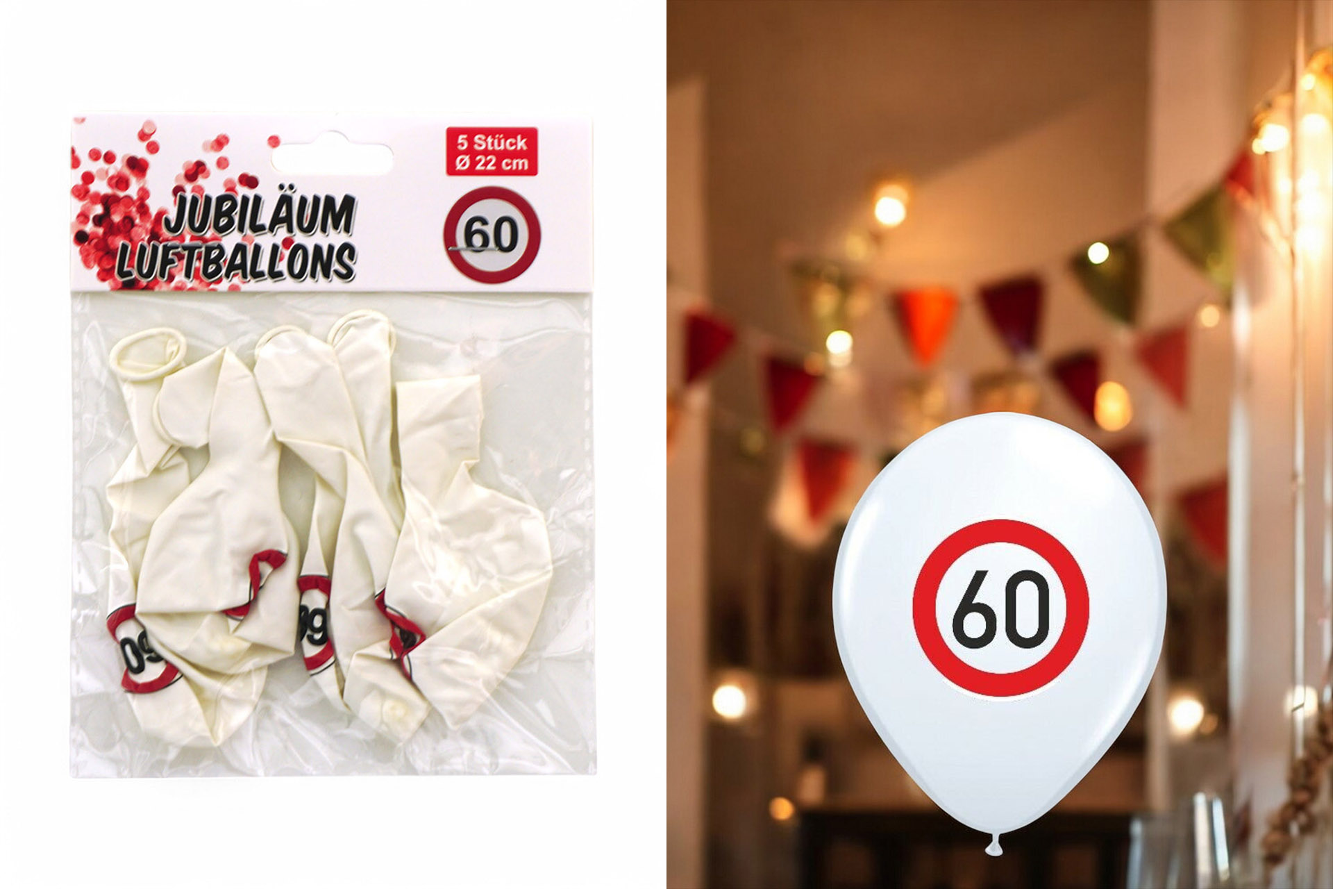 Luftballons "Jubiläum 60" weiß, 5er Pack, ø22cm