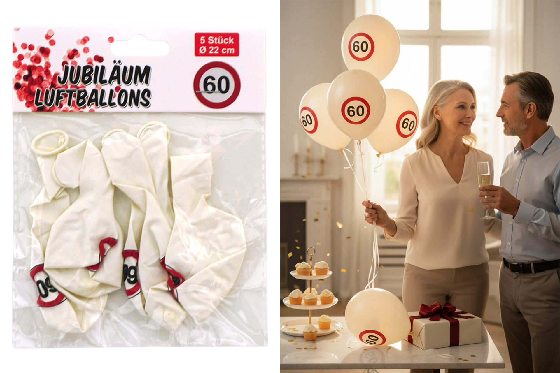 Luftballons "Jubiläum 60" weiß, 5er Pack, ø22cm