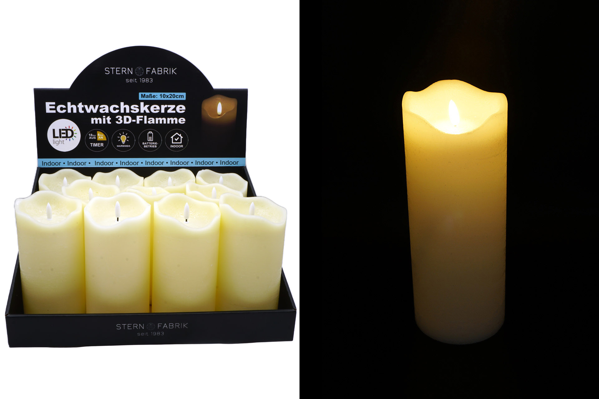 LED Echtwachskerze "3D Flamme" 10x20cm mit Timer, creme, im Display