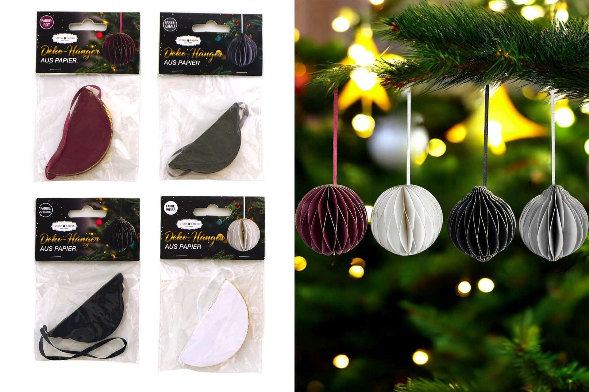 Deko Papier hänger Weihnachten "Kugel" , 2 Designs 4 Farben, Ø 8cm