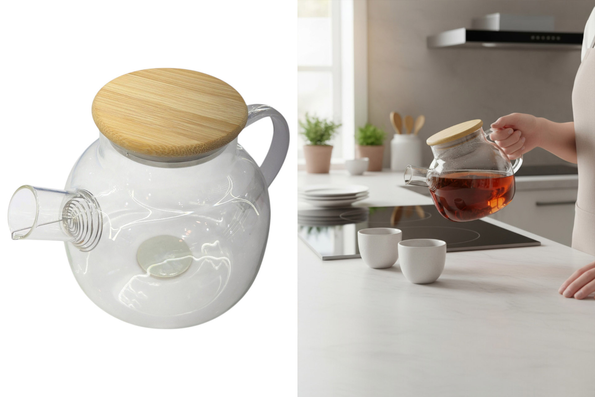 Teekanne Glas mit Bambusdeckel, 1 Liter, 14,5x19,5x13cm