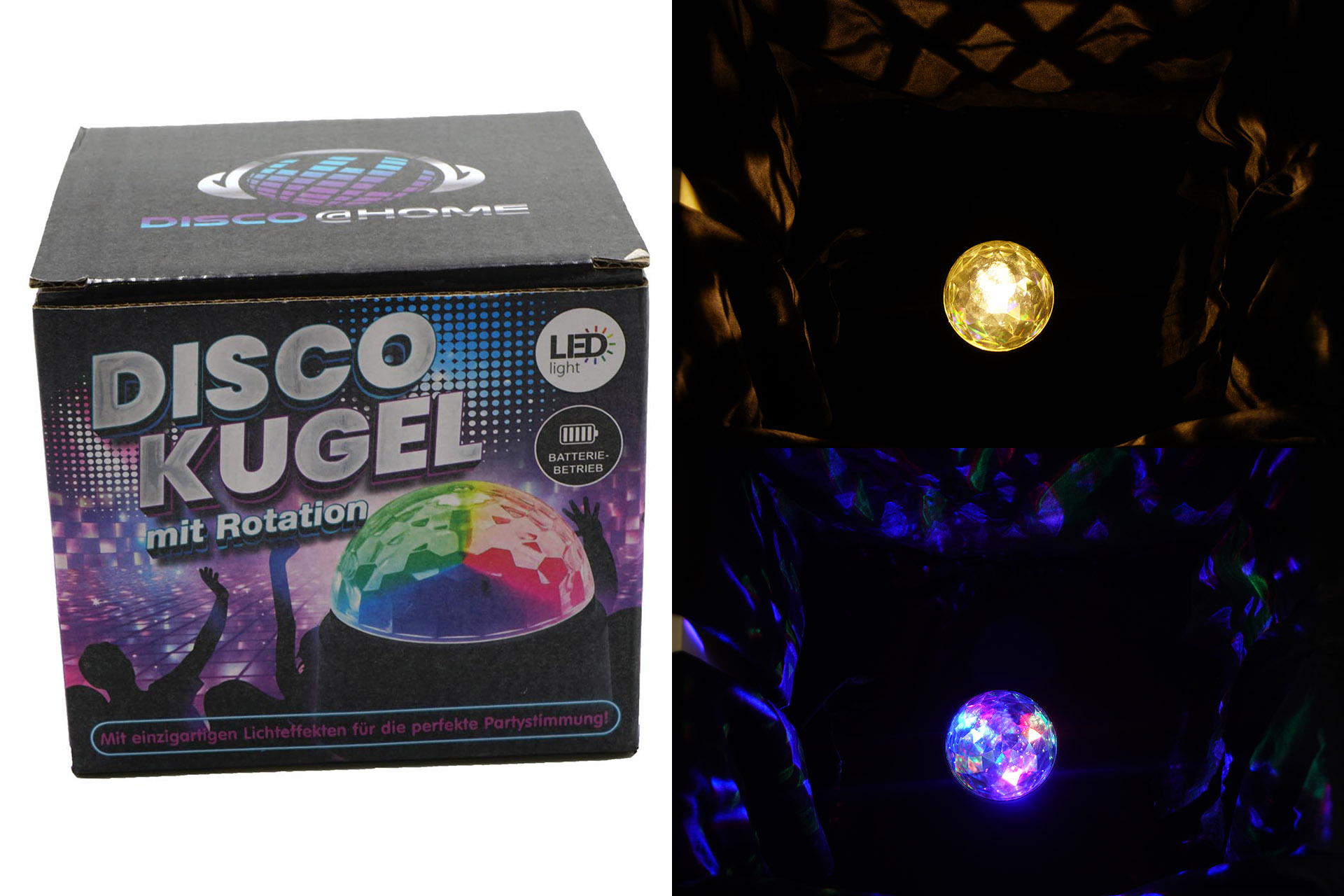 Rotating disco ball with colorful party lights, battery operated