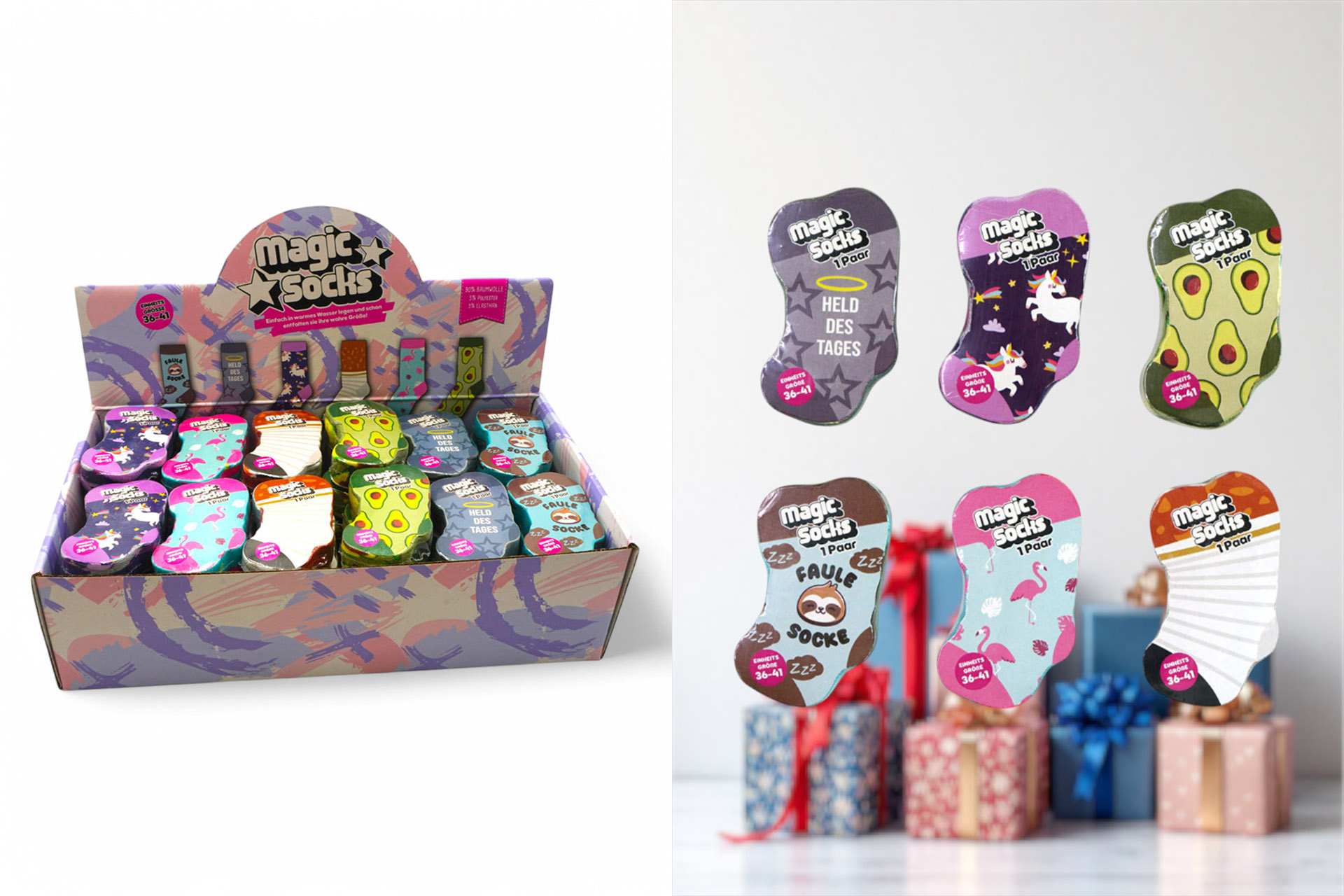 Magische Socke, Größe 36-41, 6 Designs, im Display