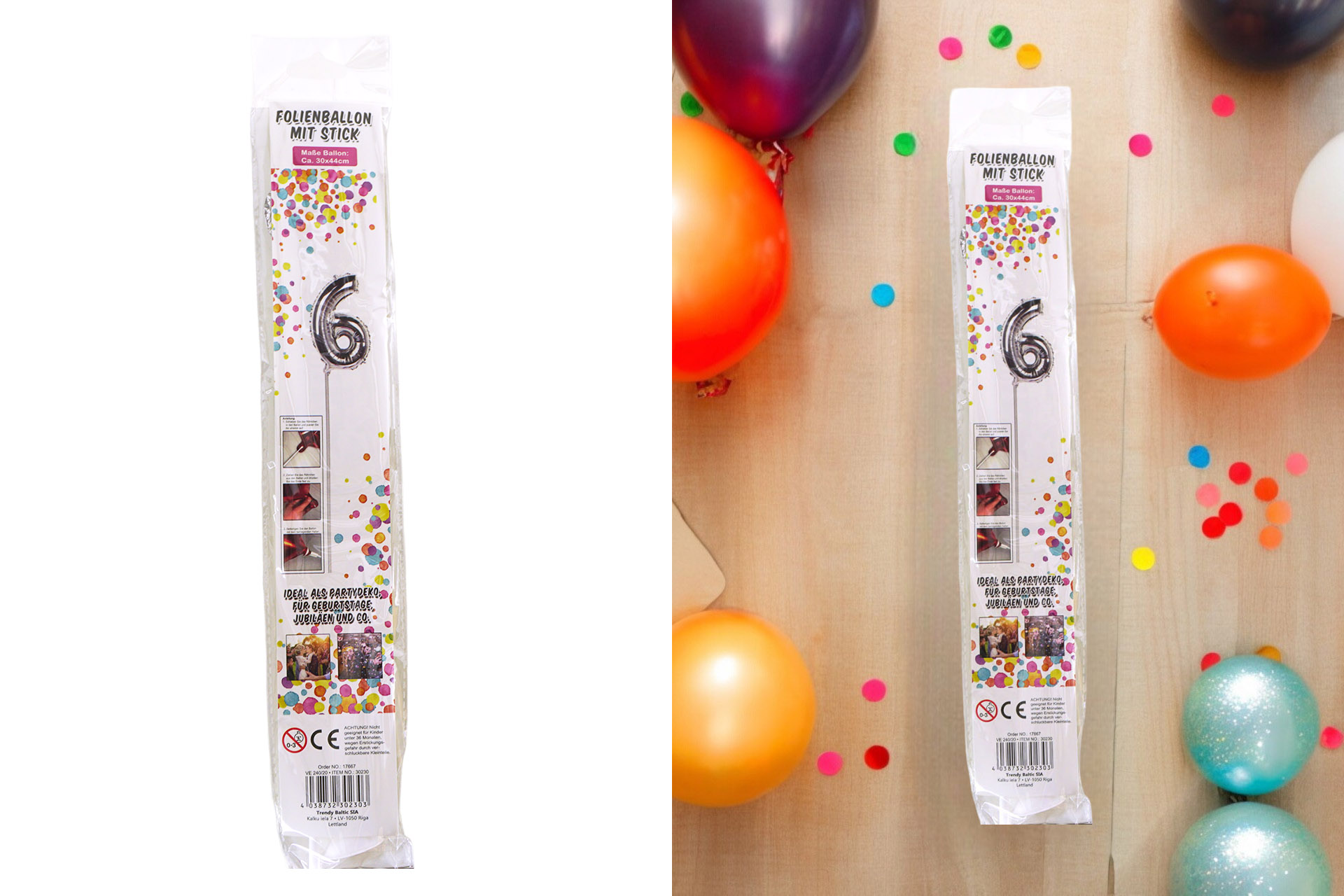 Foil balloon "No. 6 silver" with stand, 34cm