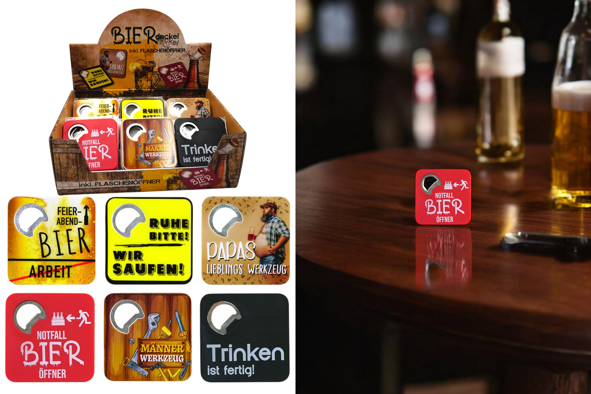 Bierdeckel "Flaschenöffner", 6 Sprüche, 8,5x8,5cm, im Display