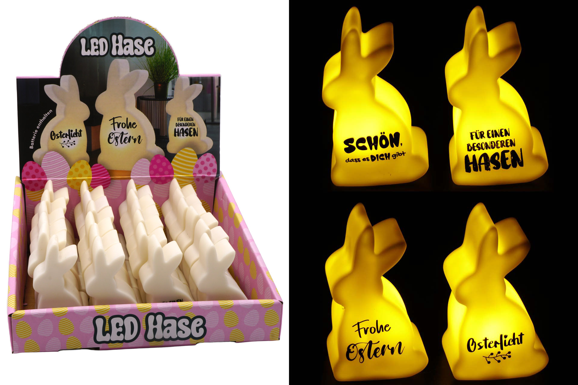 LED Hase mit Spruch, 7,5x6cm, 4 Sprüche, im Display