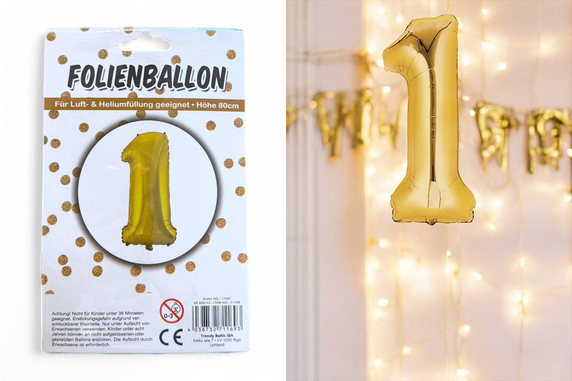 Folienballon Ziffer - 1 , 80cm gold