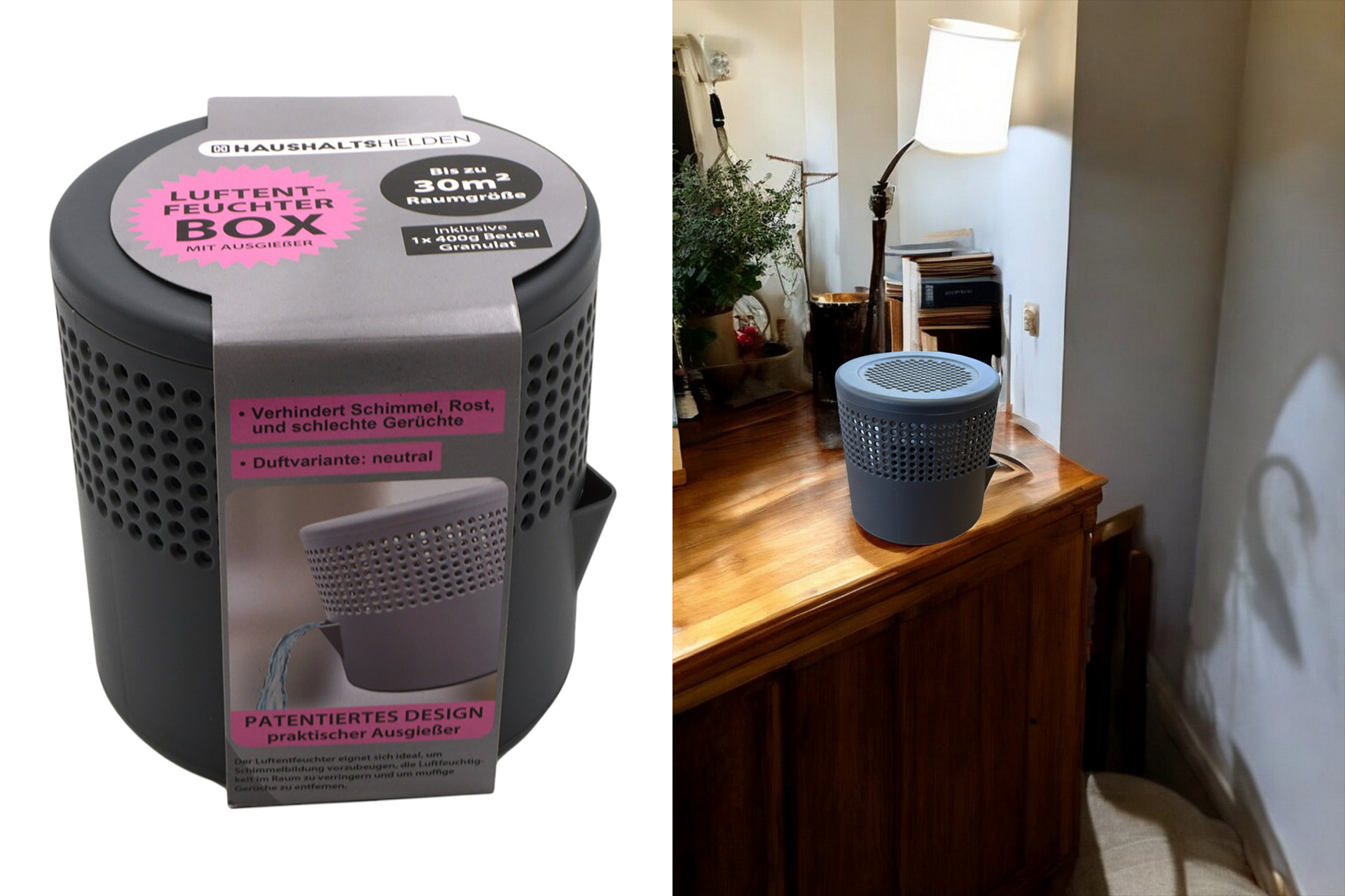 Luftentfeuchter Box Premium rund mit Ausgießer, 14x14cm, inkl. Granulat 400g, matt grau