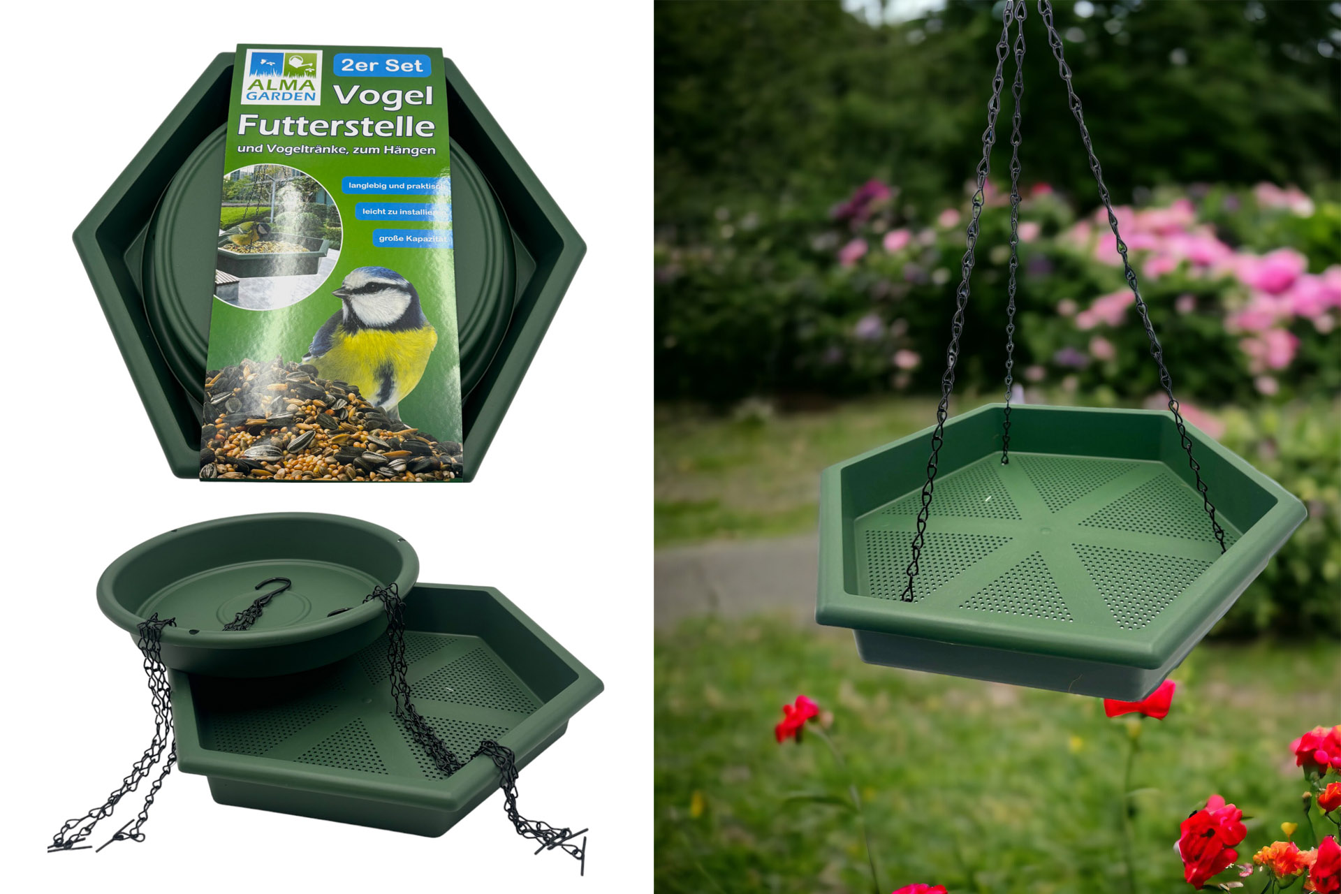 Vogelfutterstelle zum hängen, 2er Set inkl. Kette, 2 Designs