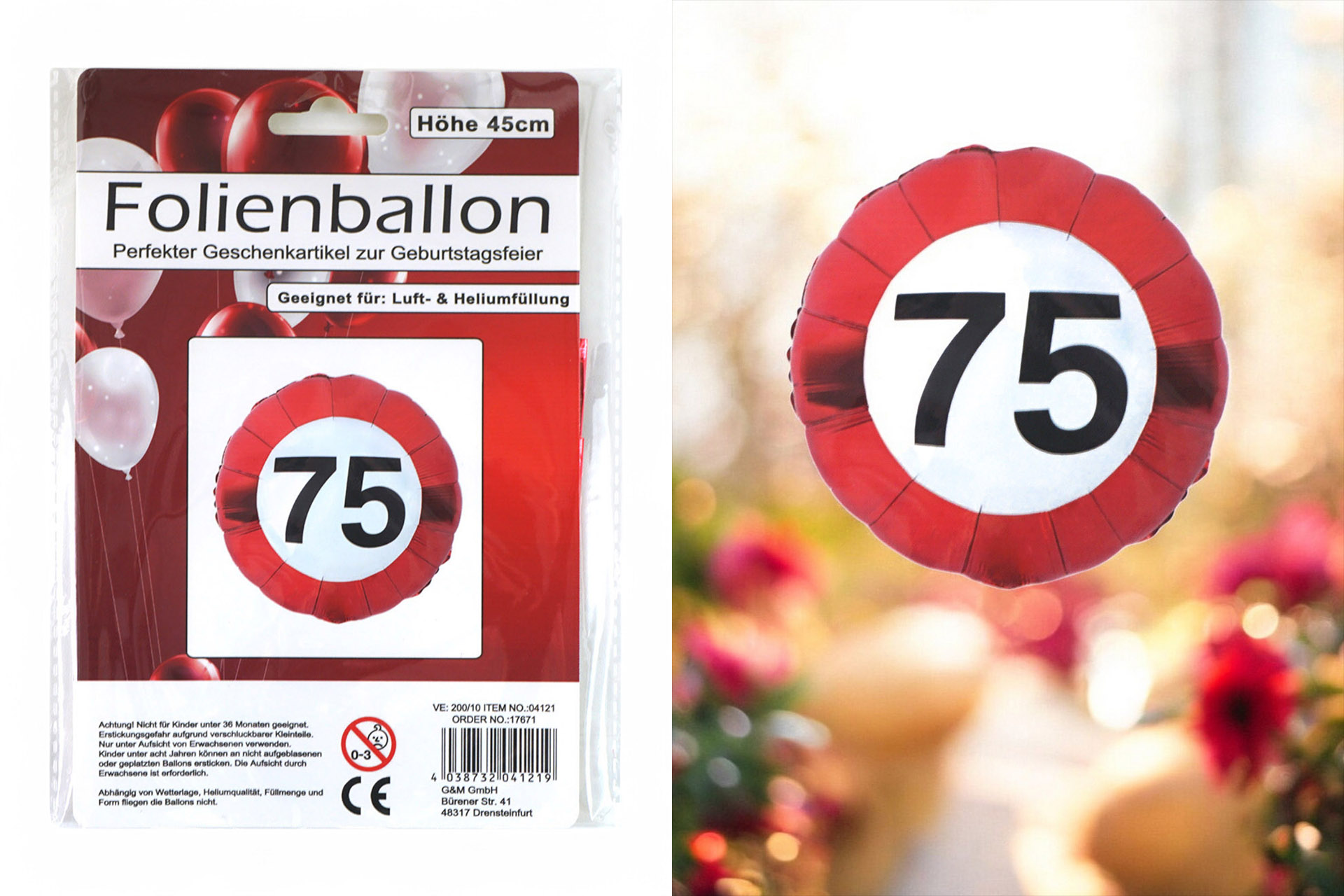 Folienballon Jubiläum Verkehrsschild "75", 45cm