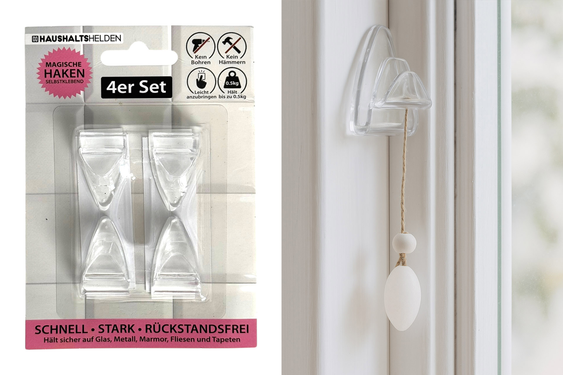 Fenster- und Türhaken "PREMIUM", transparent, selbstklebend, 4er Set, 20x15x33mm