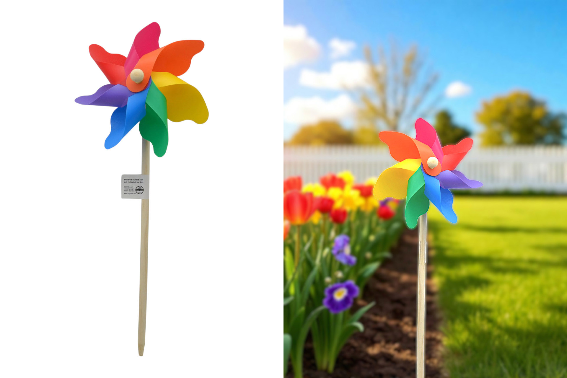Pinwheel colorful Ø 18cm on wooden stick approx 40cm