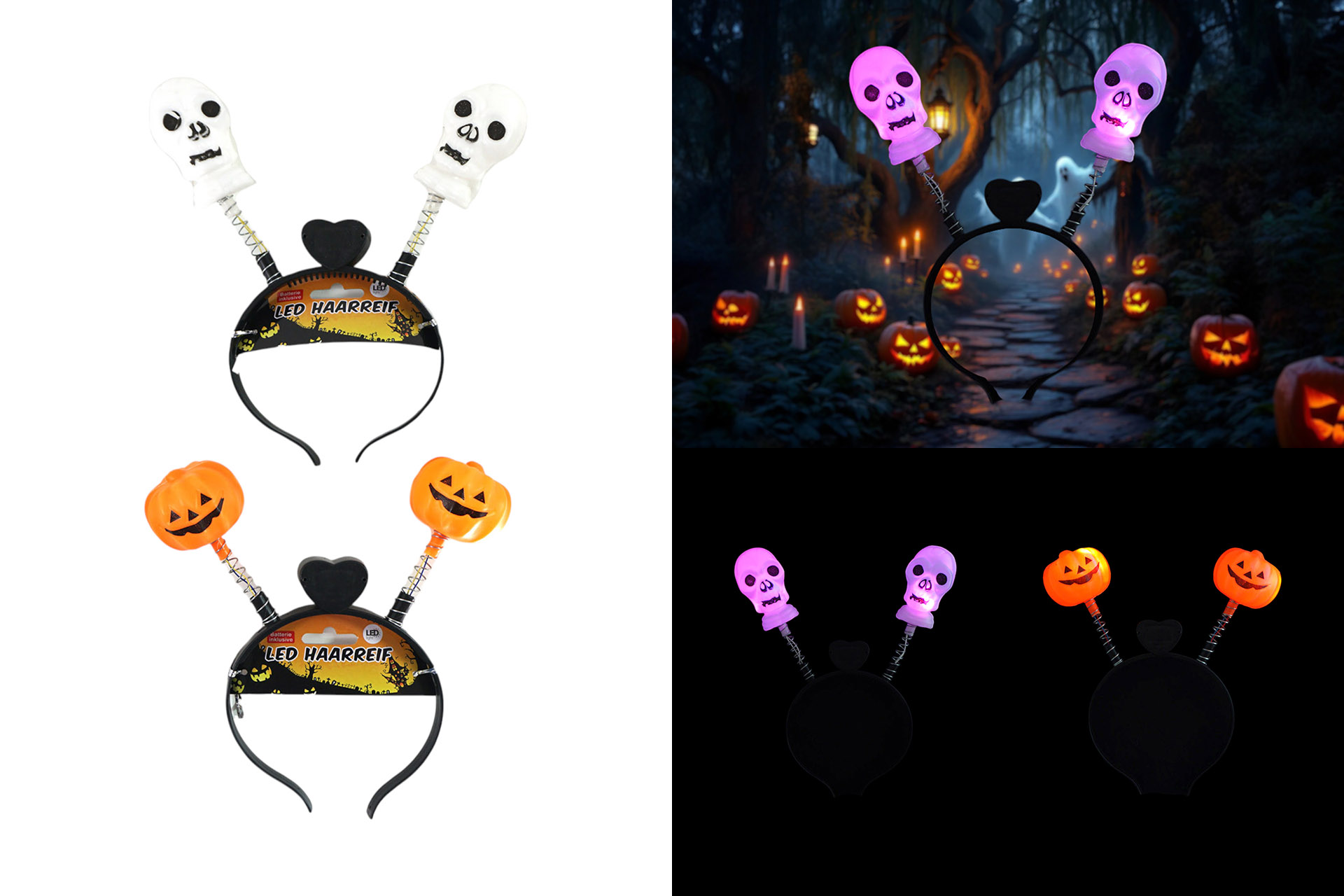 LED Haarreif Halloween "Kürbis&Totenkopf", 2 LEDs, 27x23cm, 2 Designs