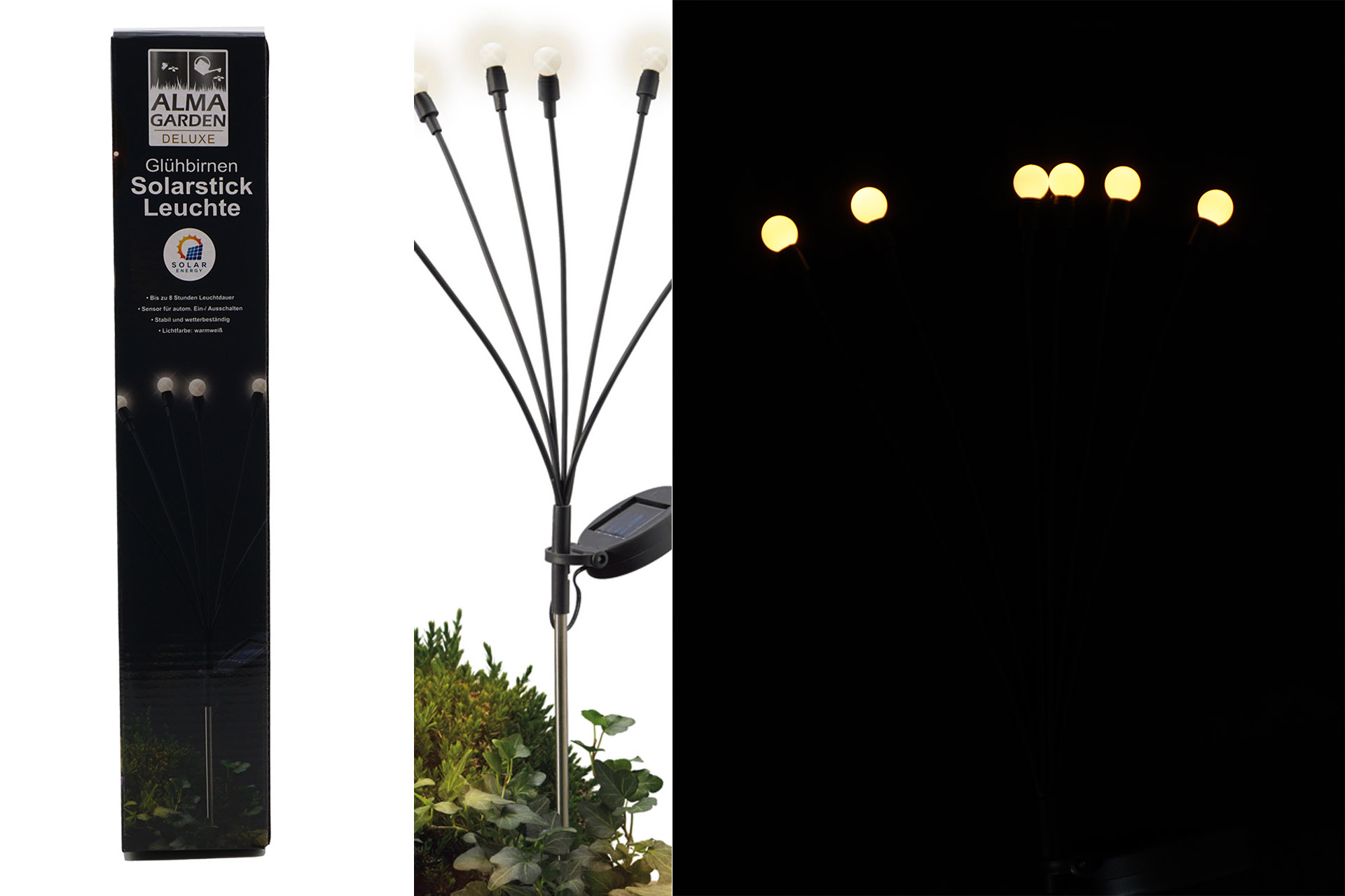 LED Solar Sticklampe "Glühbirnen", 6 LEDs, 70cm, warmweiß