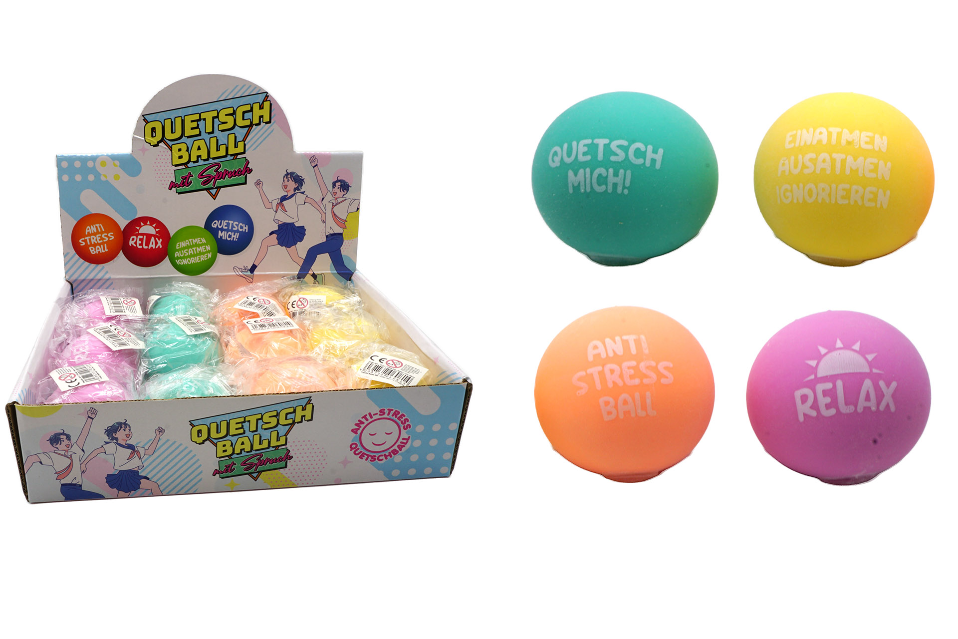 Quetschball Anti-Stress mit Spruch 7cm, 4 Farben, 4 Sprüche sortiert, im Display