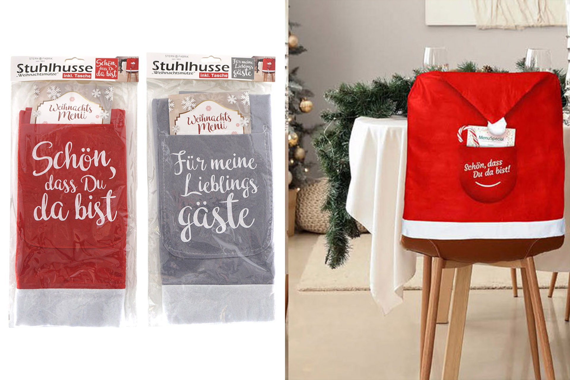 Deko Tisch Stuhlhusse Weihnachtsmütze mit Tasche 2 Sprüche, 48x64cm, 2 Farben