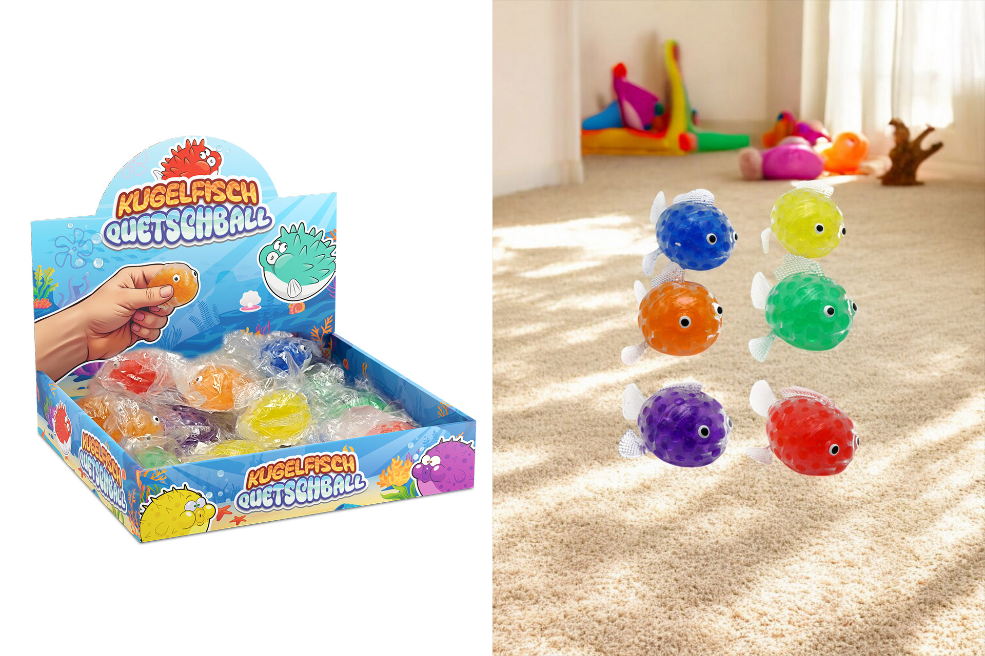 Quetschball Fisch mit Perlen, 6,5cm, 6 Farben