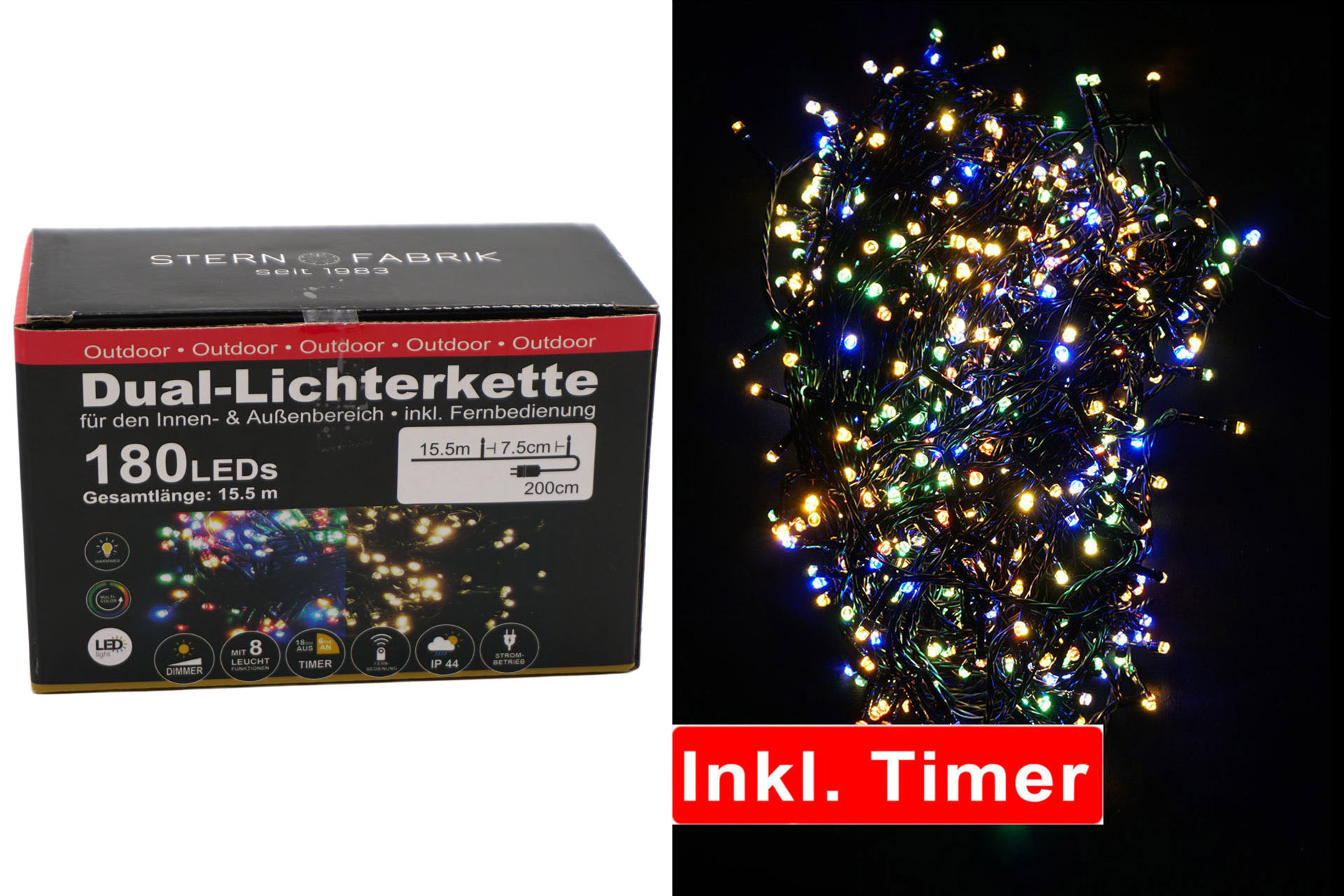 Lichterkette Basic NEU DUAL Lights LED, 180er, Timer, In- & Outdoor, IP44, 230V
