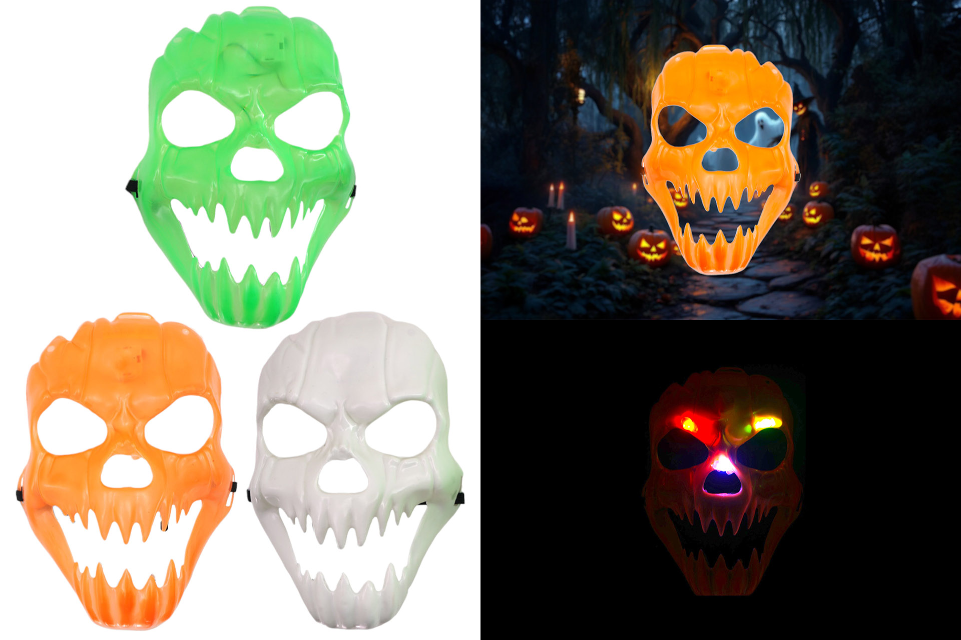 LED Halloween Maske "Totenkopf", 3 LEDs, 24x16cm, farbwechsel, 3 Farben