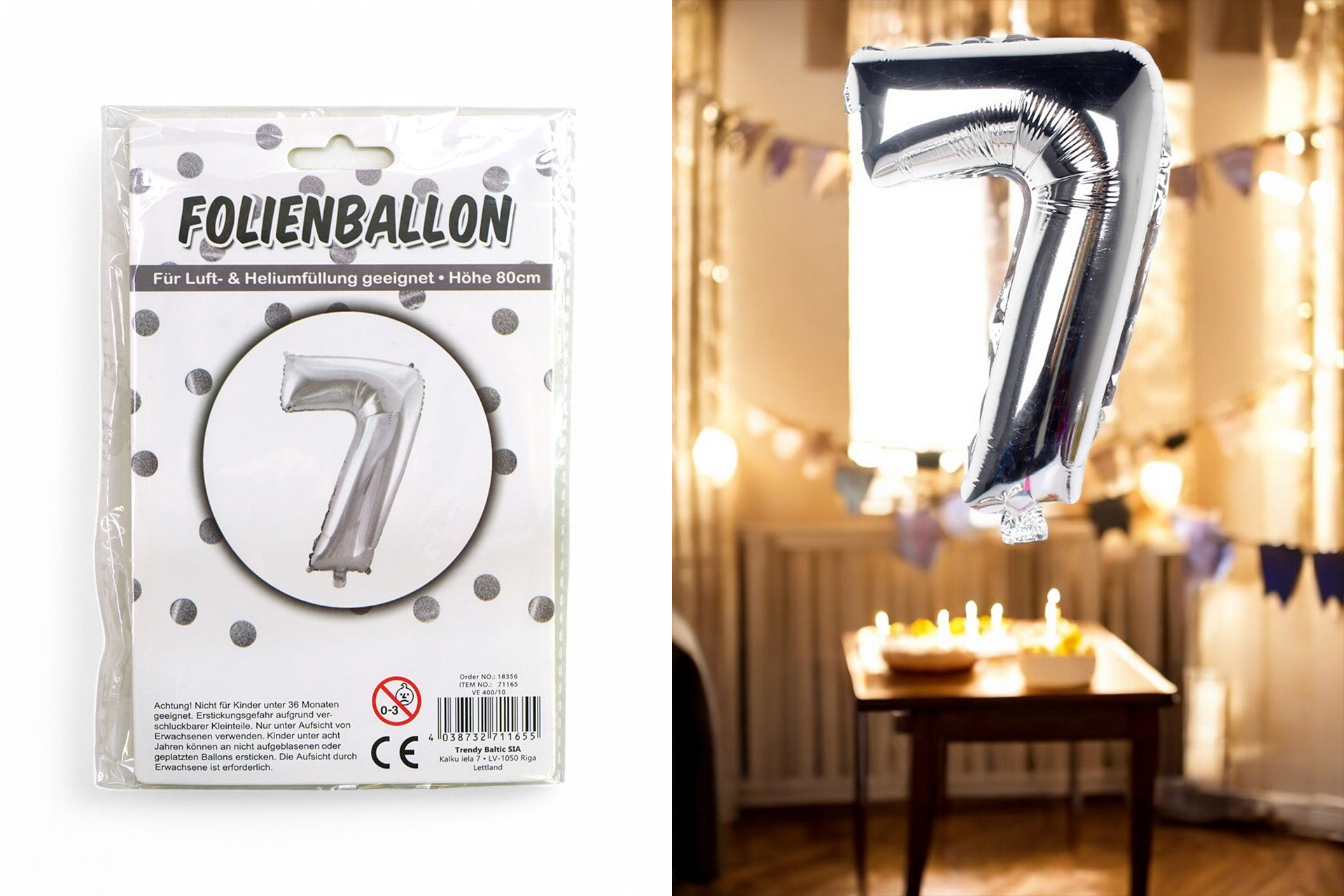 Folienballon Ziffer - 7 , 80cm silber