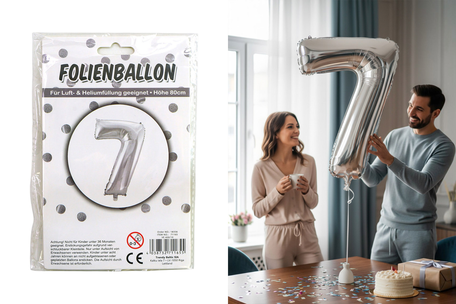 Folienballon Ziffer - 7 , 80cm silber