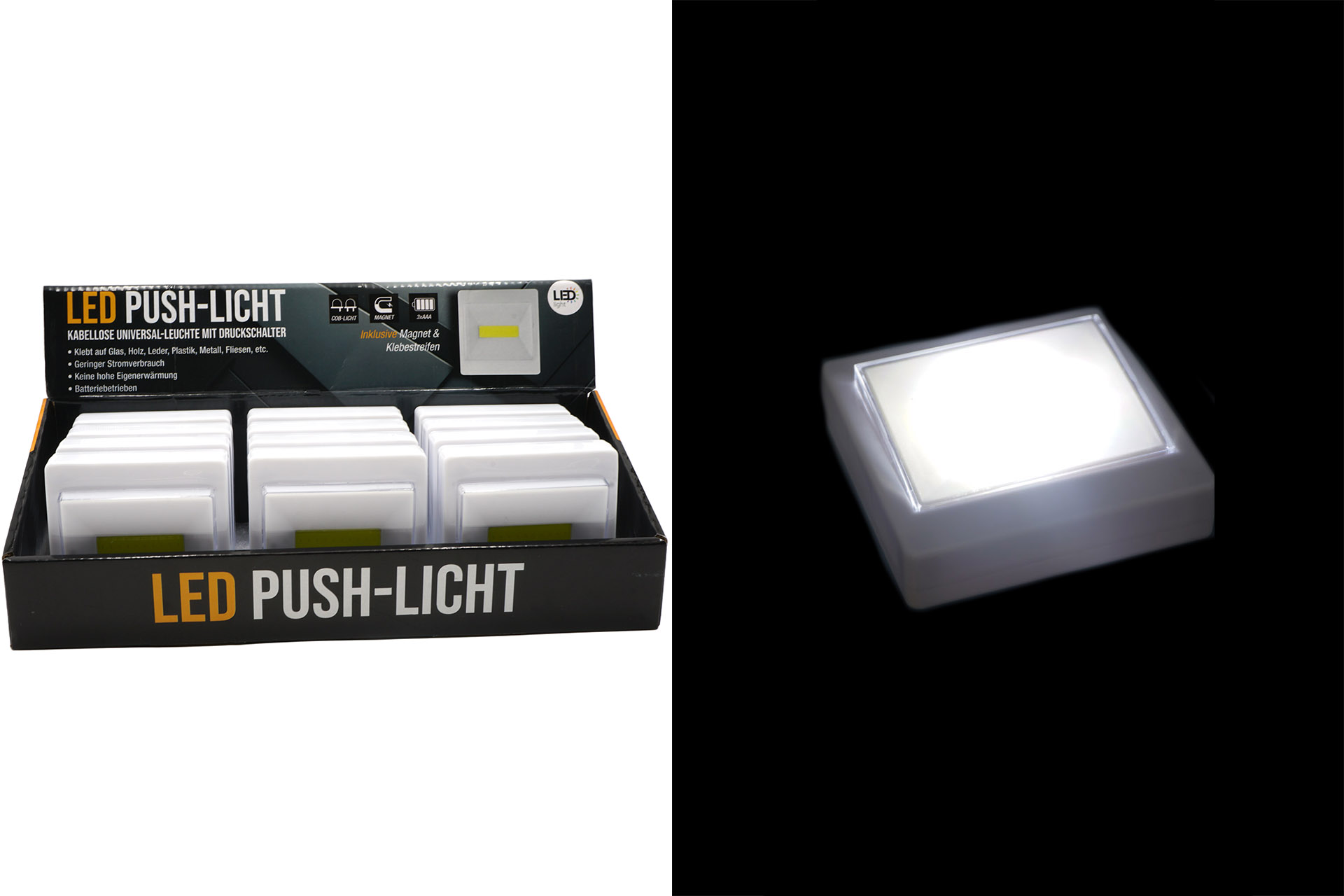 Push-Lampe COB LED Eckig mit Magnet und Klebestreifen, im Display