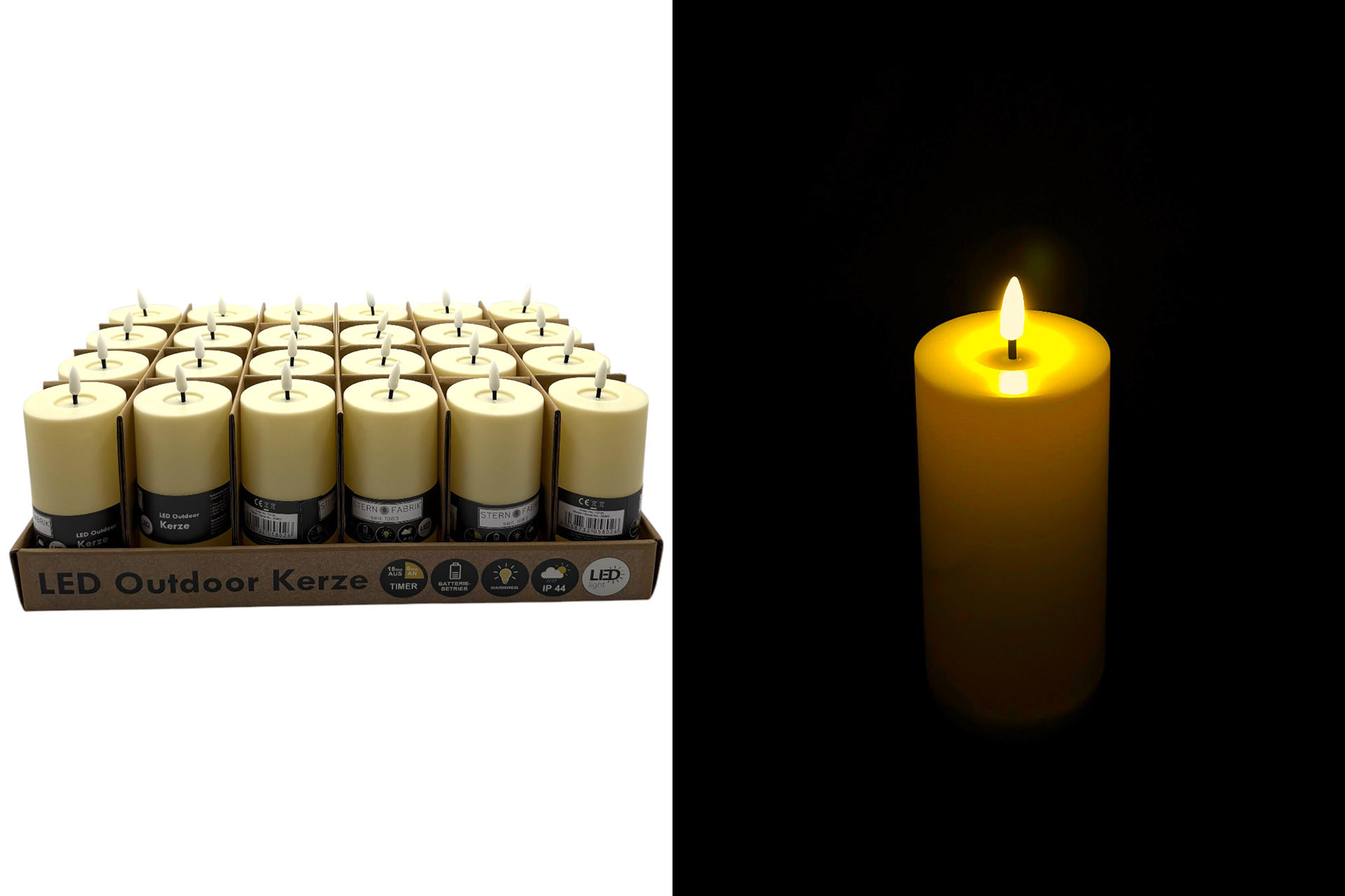 LED Outdoor Kerze, 7,5x7,5x15cm, mit Timer, creme, im Display