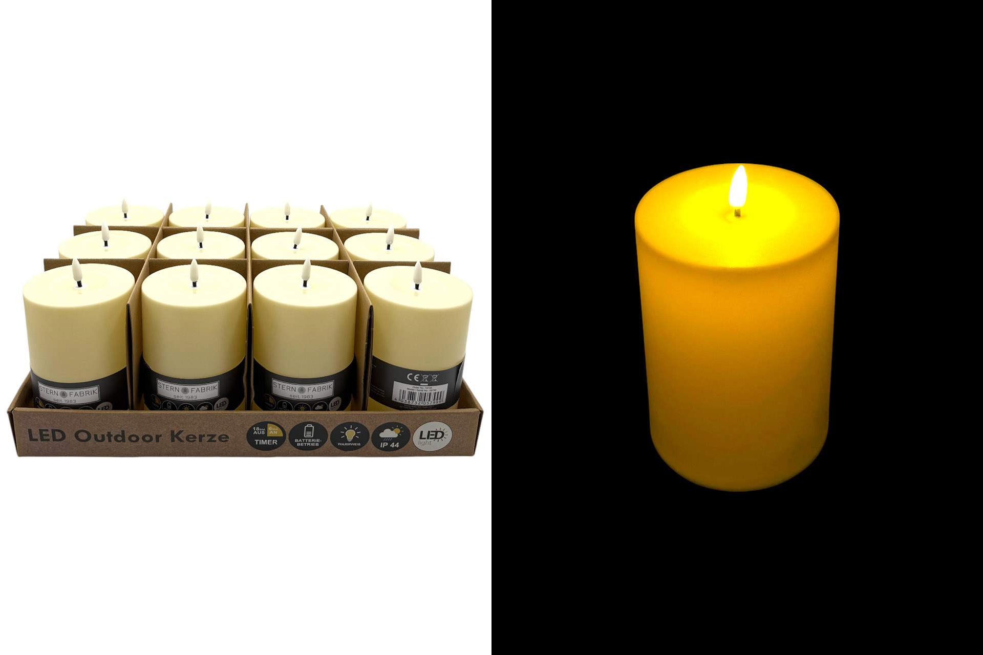 LED Outdoor Kerze, 10x10x15cm, mit Timer, creme, im Display