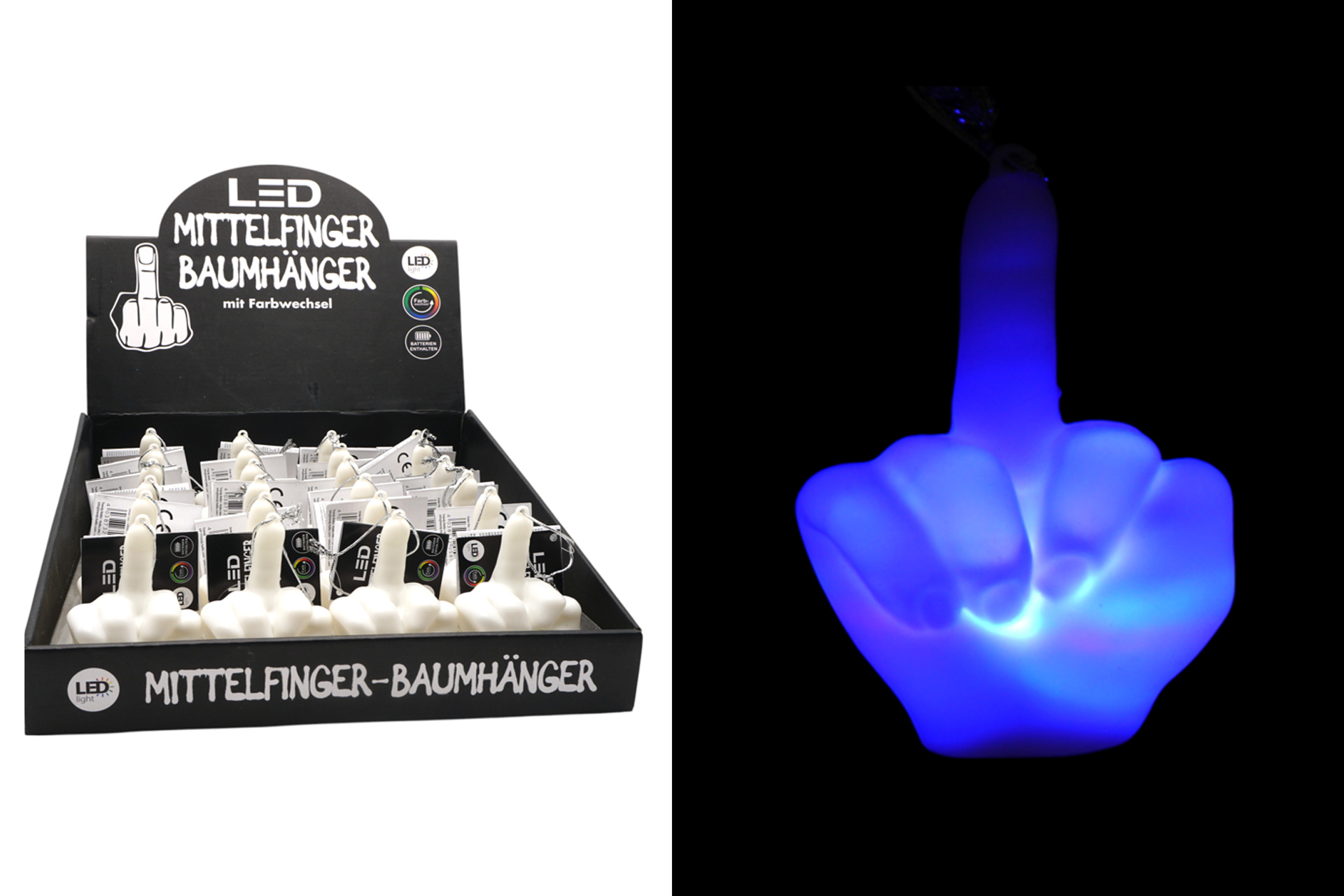 Baumhänger LED "Mittelfinger", Bunt, 7,5x6cm,  im Display