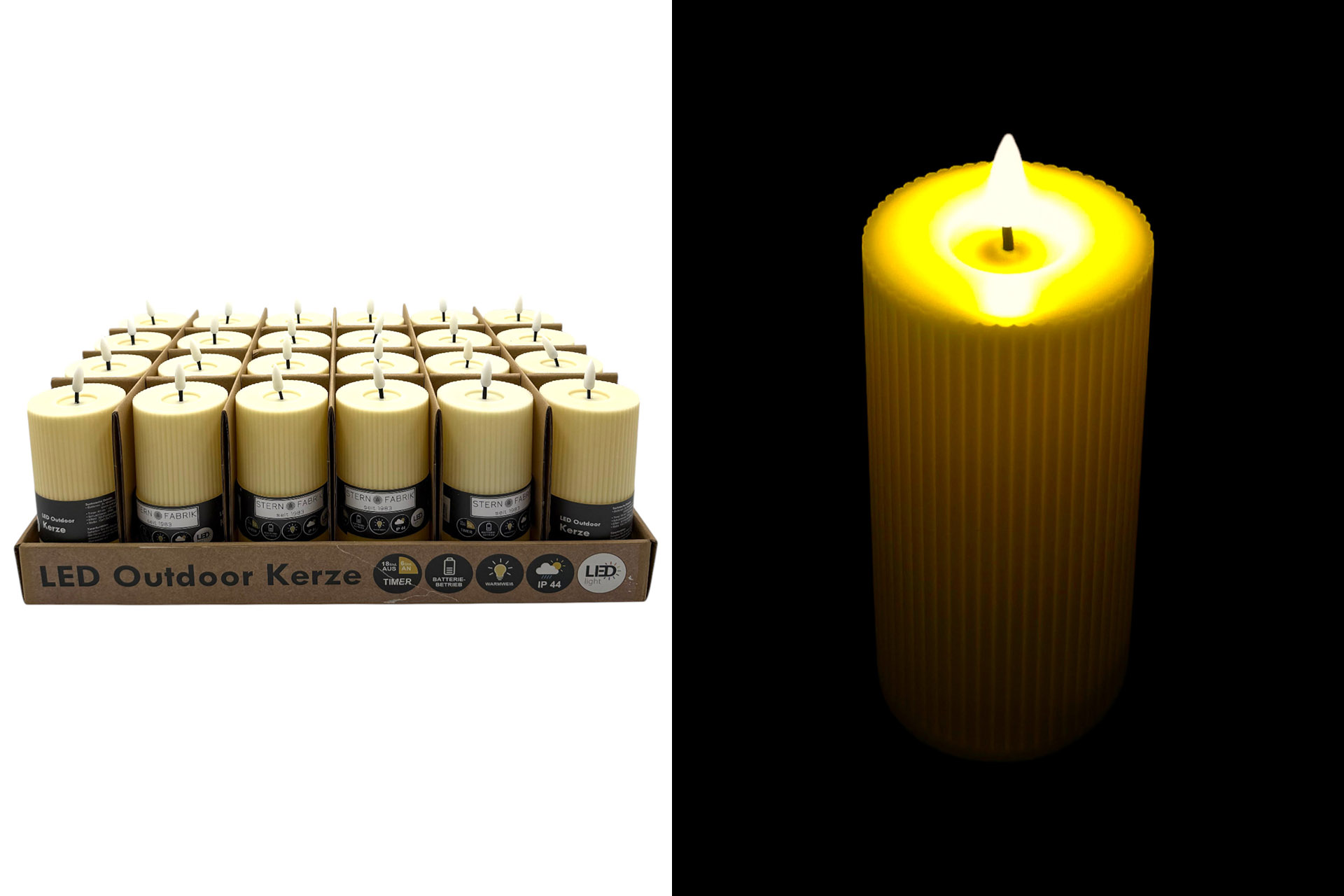 LED Outdoor Kerze, 7,5x7,5x15cm, mit Timer, creme, im Display