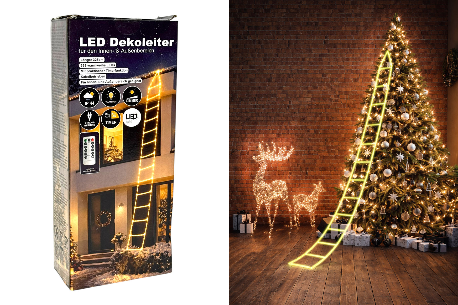 LED Weihnachts Dekoration "Leiter", 3m, warmweiß, mit Timer