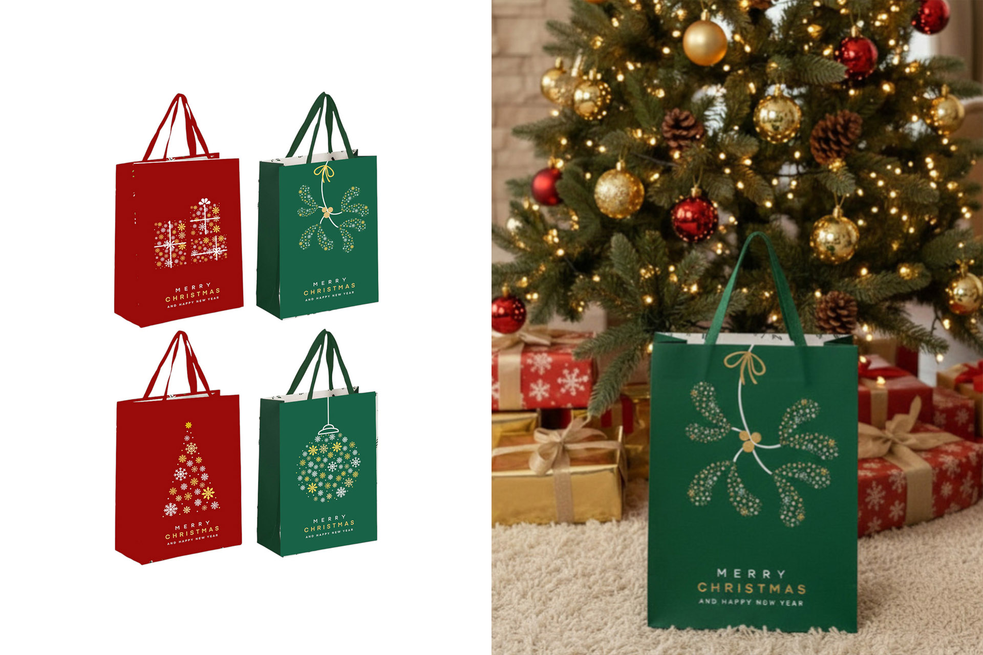 Geschenktüte Frohe Weihnachten und Frohes neues Jahr "Rot & Grün Mix" 18x23x10cm, 4 Designs