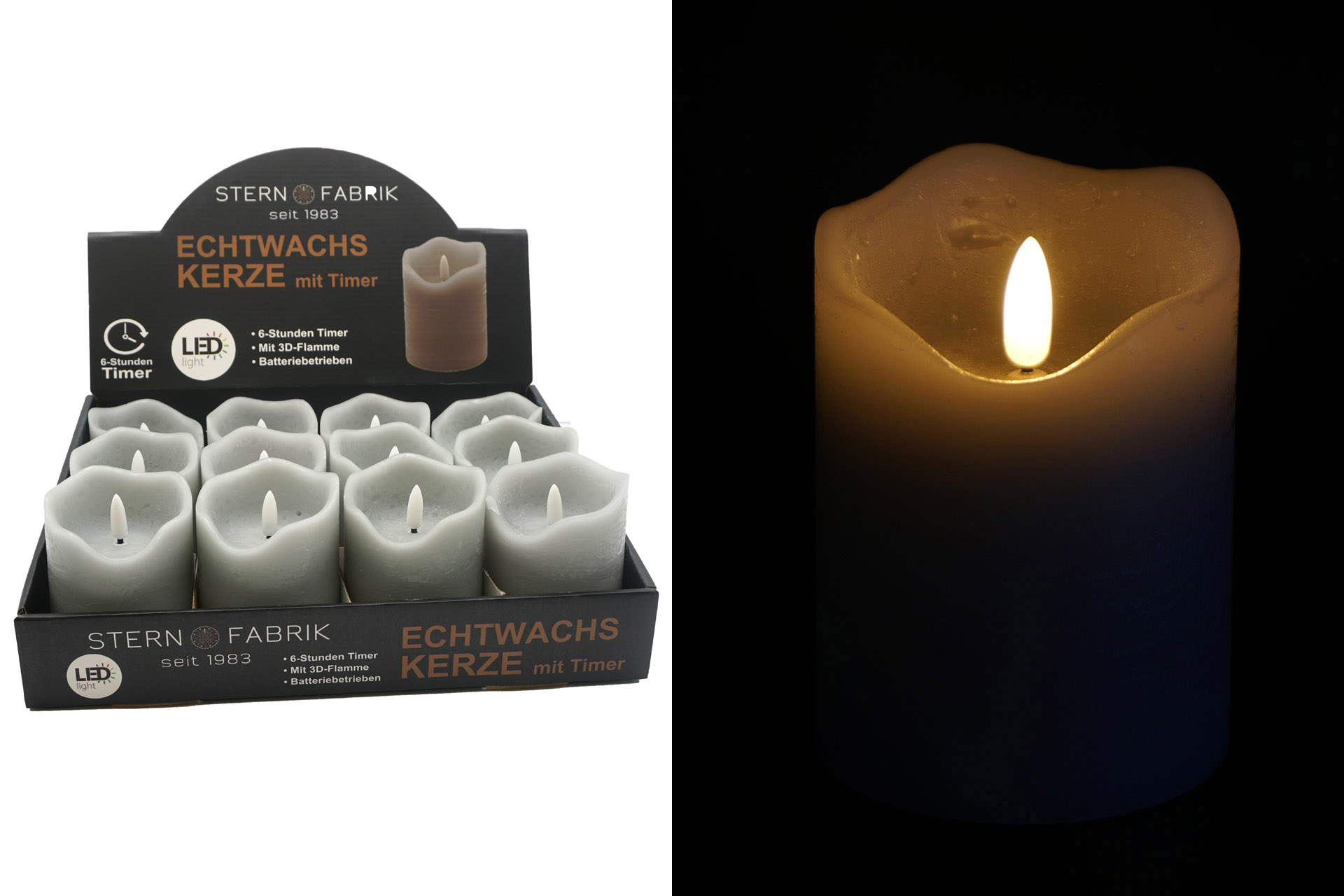 LED Echtwachskerze "3D Flamme" 7,5x10cm mit Timer, grau, im Display