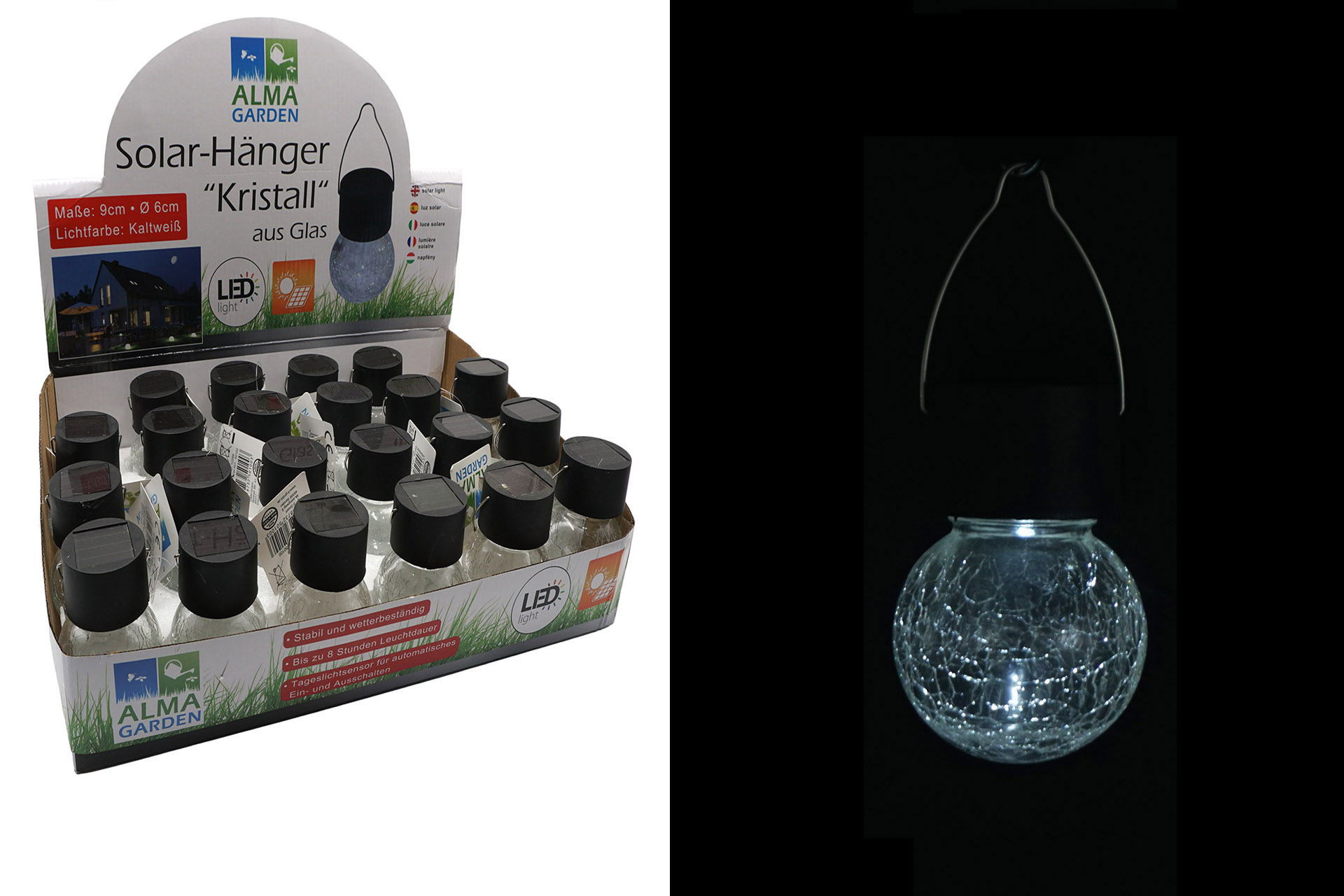 Solar Hänger "Kristall" Glas 9cm, schwarz, Ø 6cm im Display