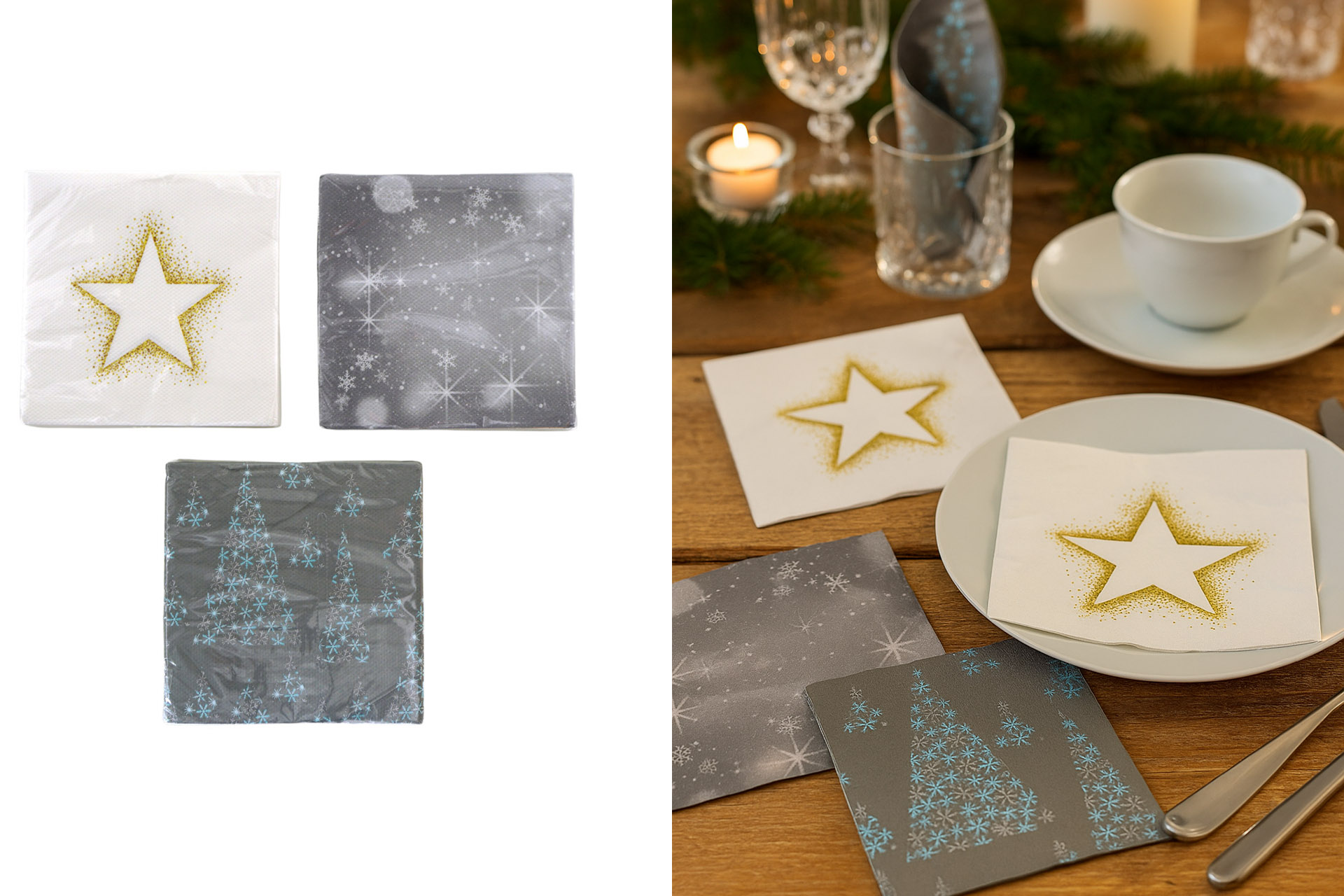 Servietten "Sterne" 33x33cm, ¼ Falz, 3-lagig, 20er Pack, 3 Designs