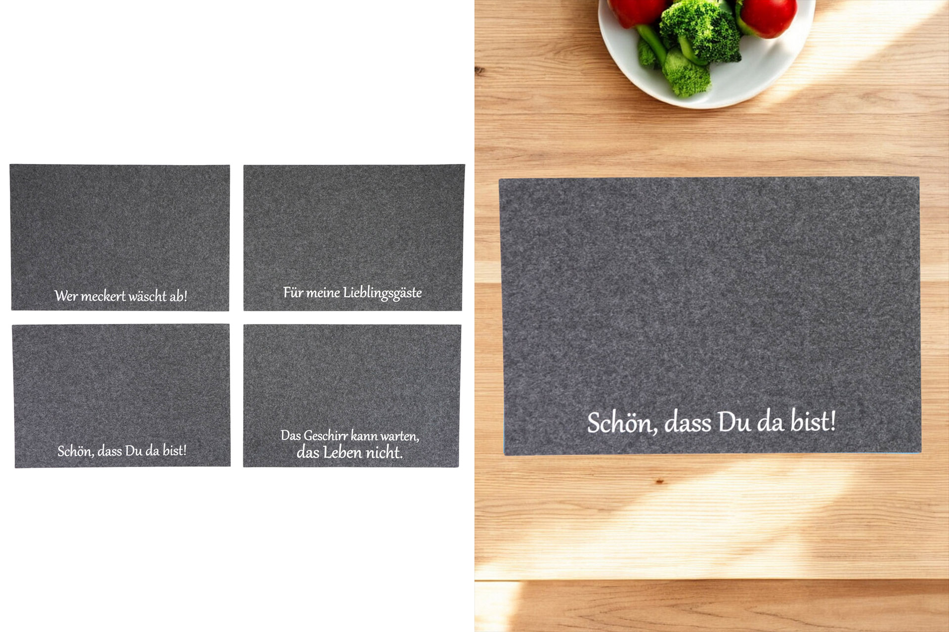 Platzset 45x30cm Filz mit Spruch, grau, 4 Sprüche sortiert