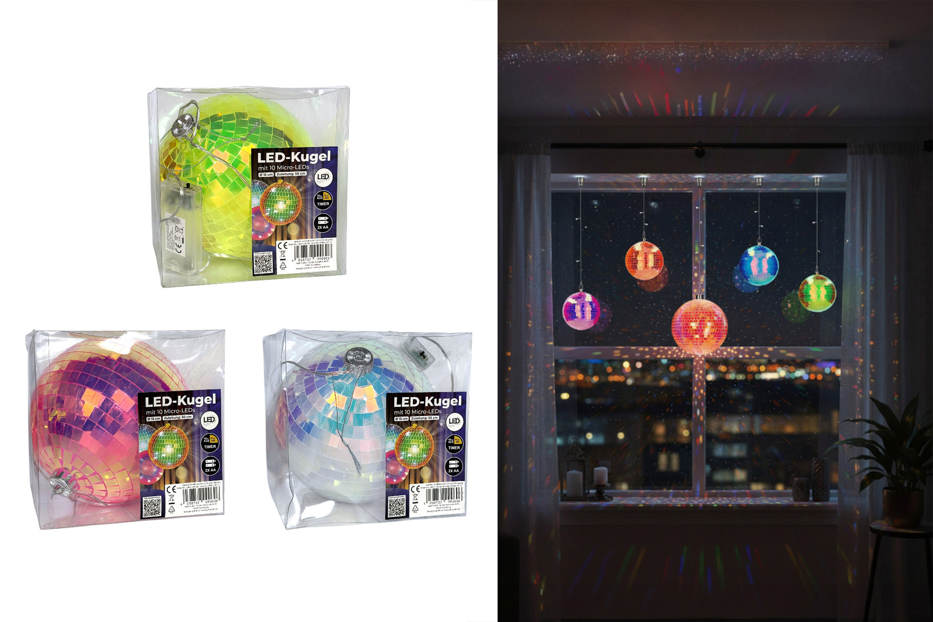 LED Discokugel, Ø 15cm, mit Timer, 3 Farben