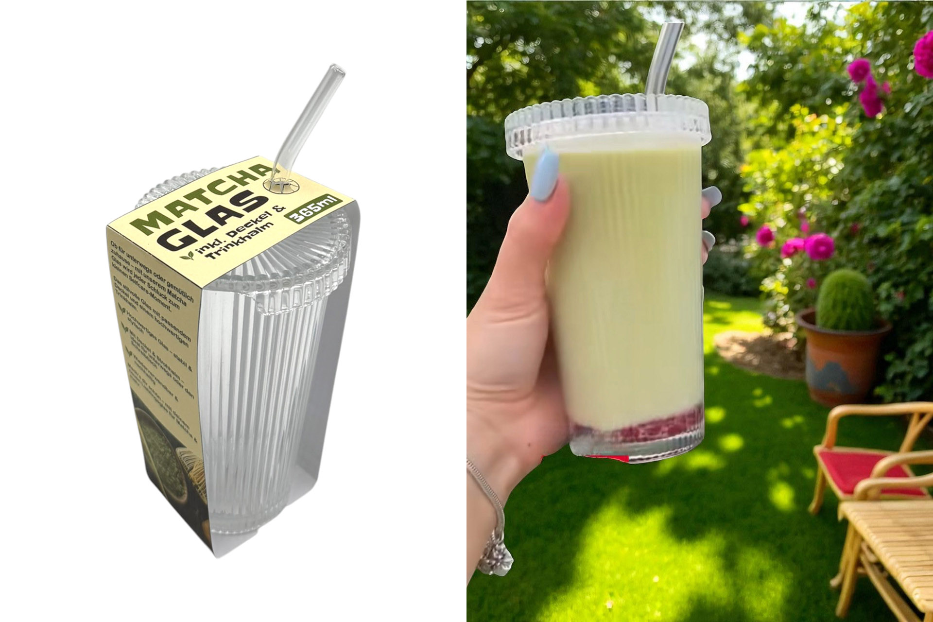 Matcha Glas mit Deckel und Trinkhalm 365ml