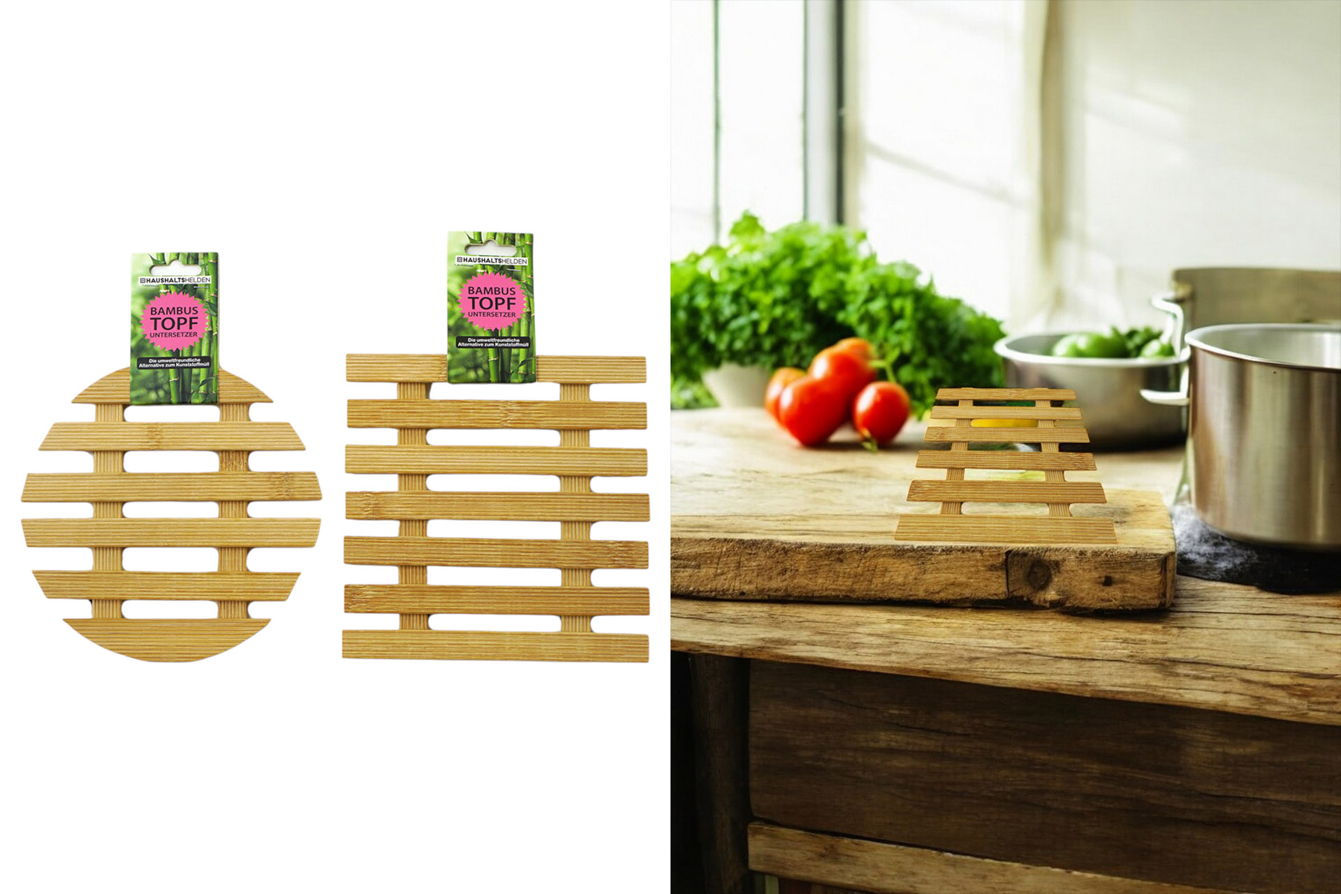 Bambus Topfuntersetzer rund, eckig sortiert, 17x17cm