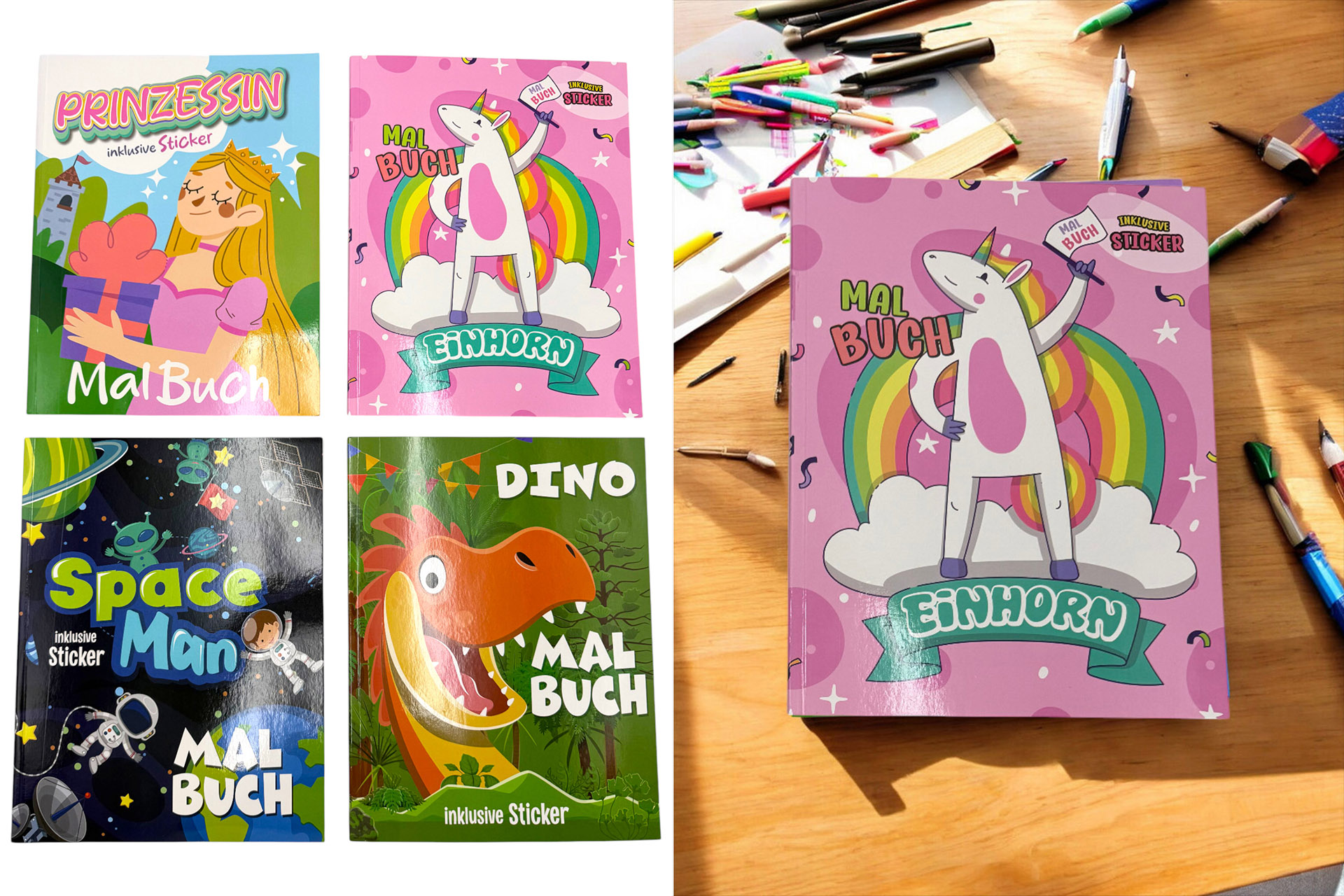 Mal-/Stickerheft, inkl. Sticker, 28x22cm, 4 Designs