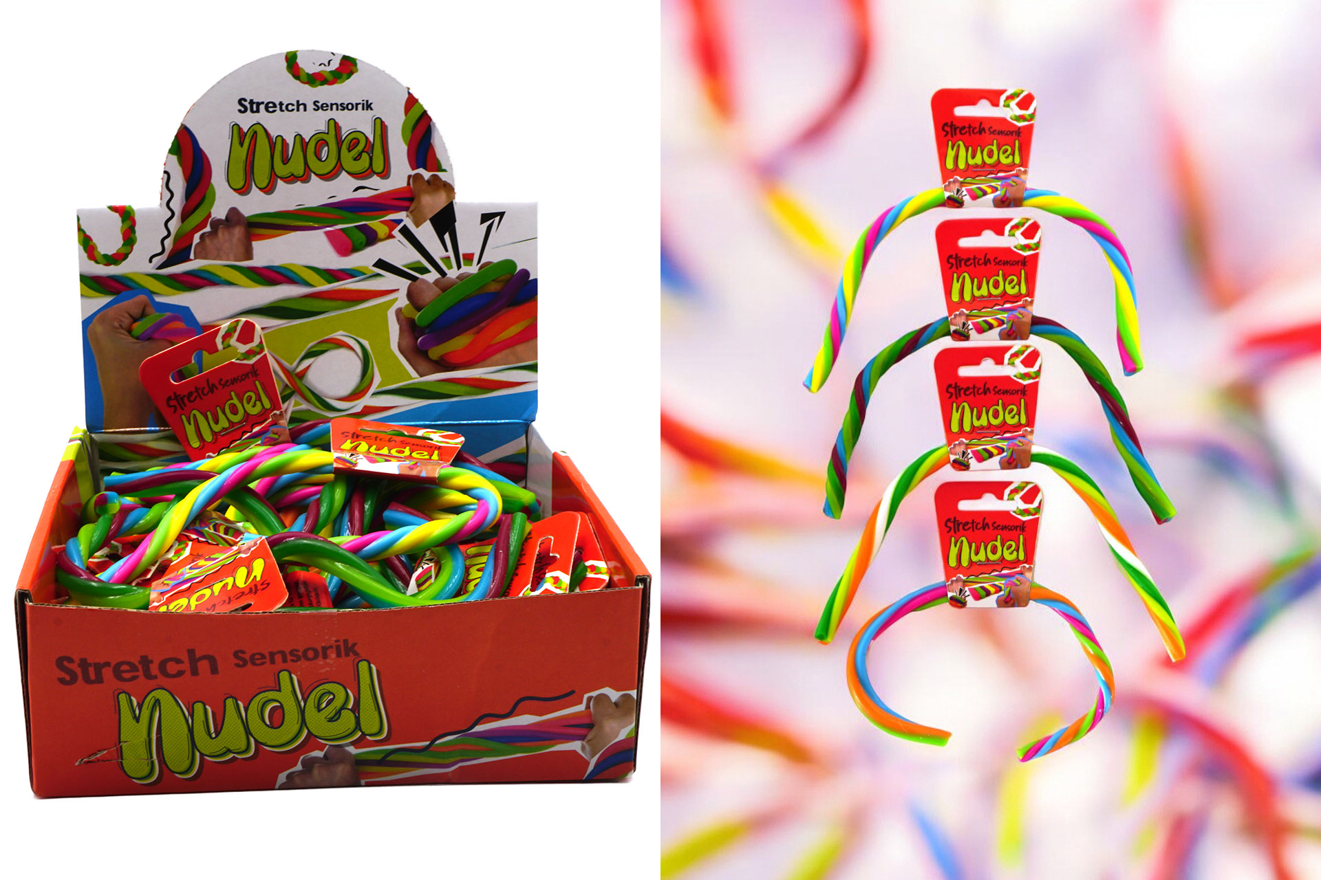 Stretch Sensorik Spielzeug "Nudel", 30x1x1cm, 4 Farben, im Display