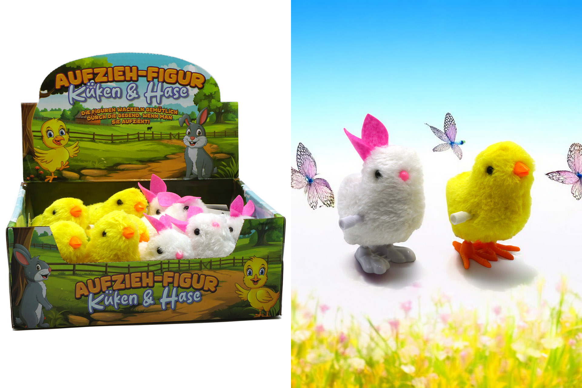 Aufziehfigur "Jumping Chicken & Jumping Rabbit" 8,5cm, im Display