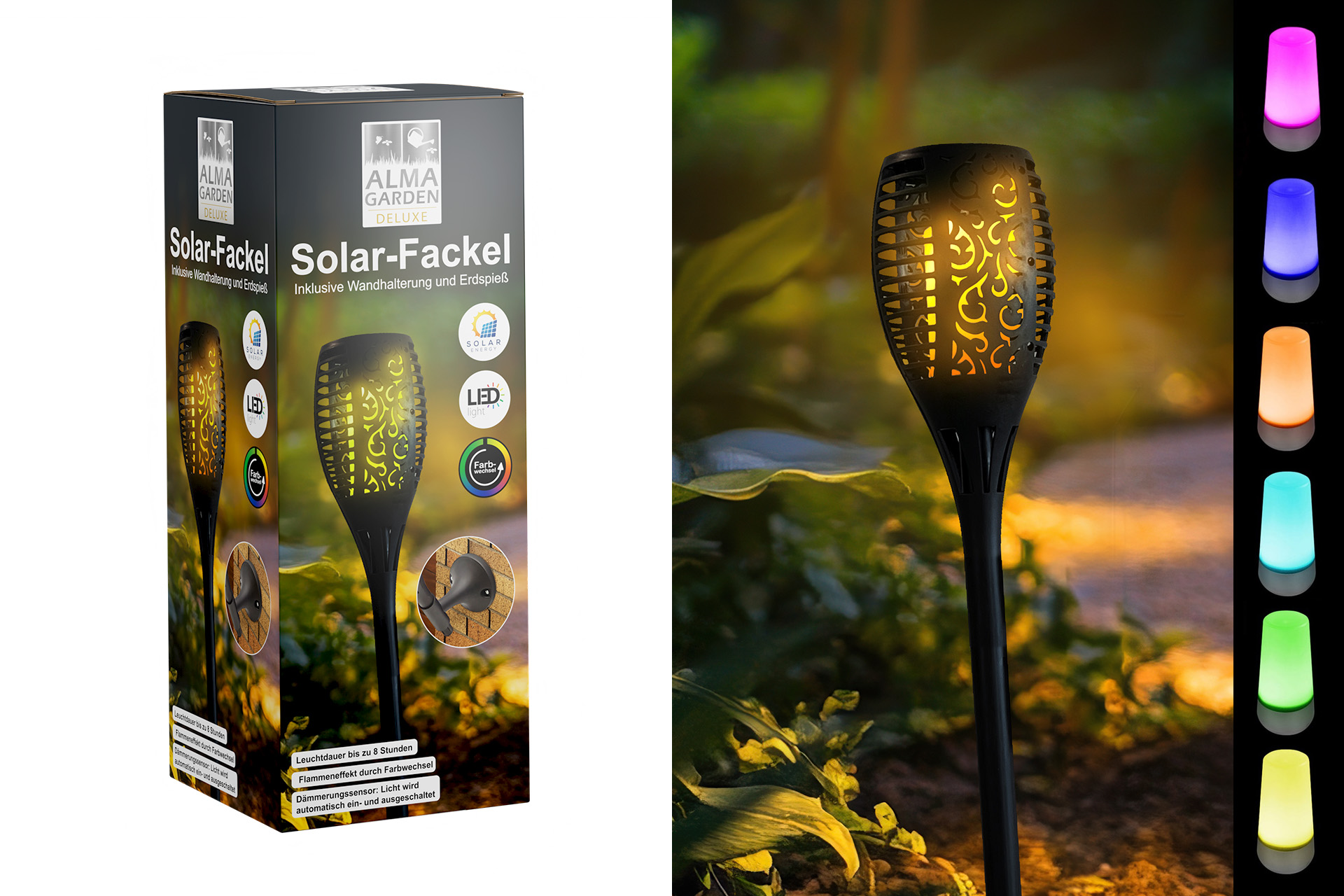 Solar Fackel mit Wandhalterung, Farbwechsel Flammeneffekt, 12x78cm