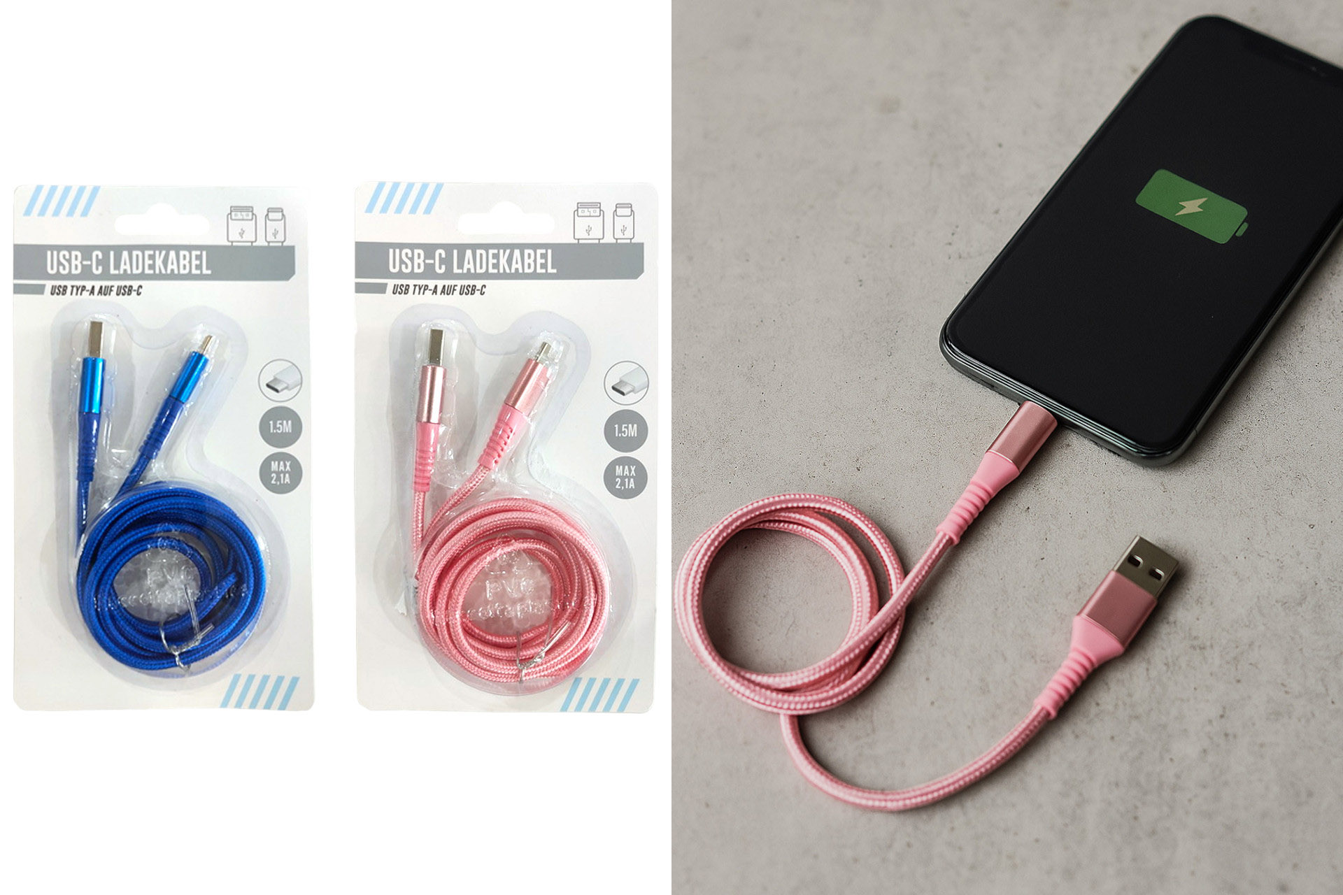 Ladekabel USB-C "Pink/blau", 2 Farben, 1,5m