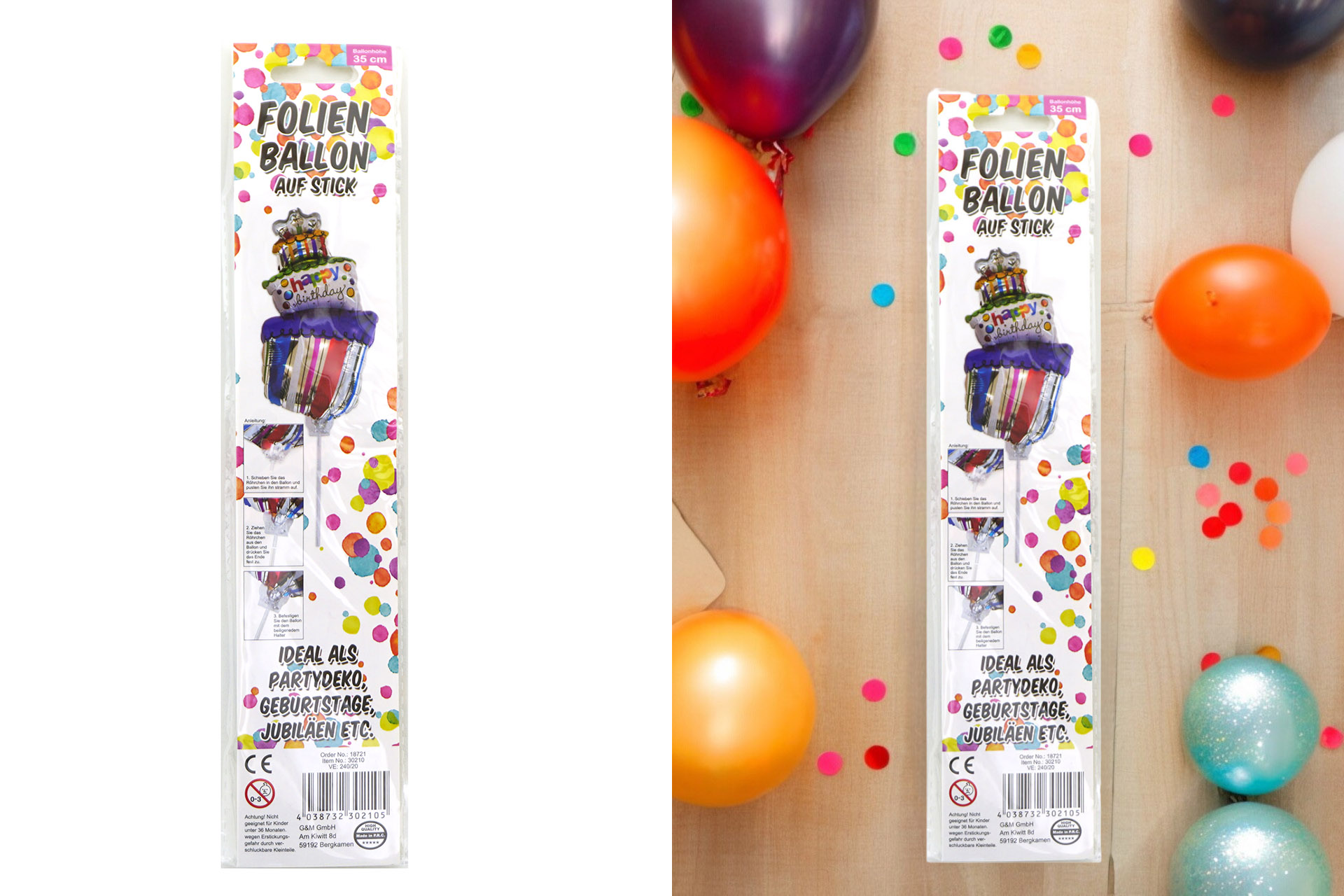 Folienballon Sortiment Refill für Display "Happy birthday" mit Stick, 40cm