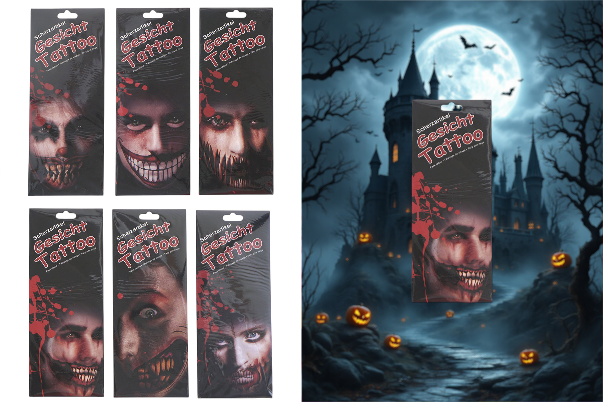 Gesicht Klebetattoo "Halloween", 6-Fach sortiert