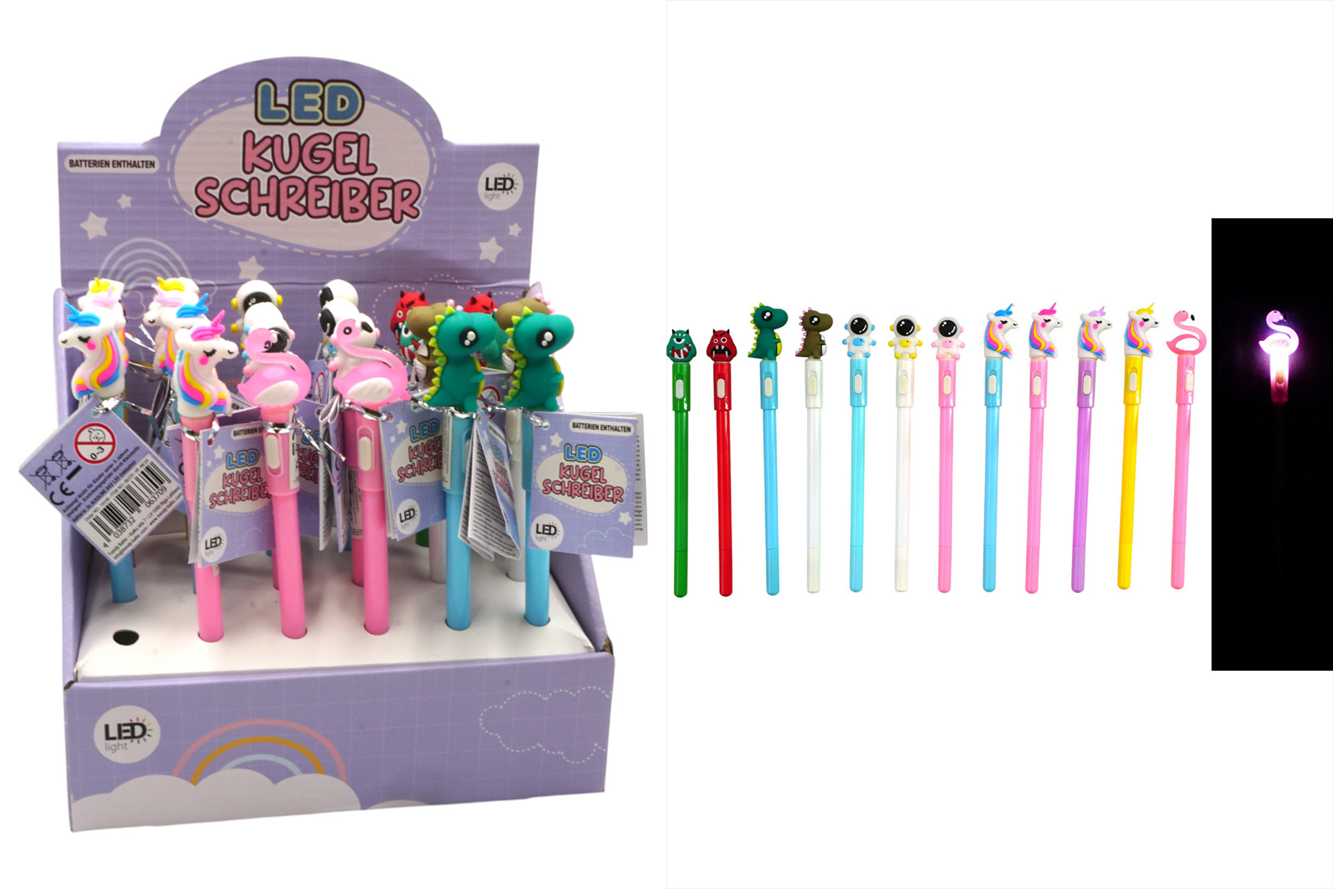 LED Kugelschreiber, 18x2,5x2,5cm, 12 Designs, im Display