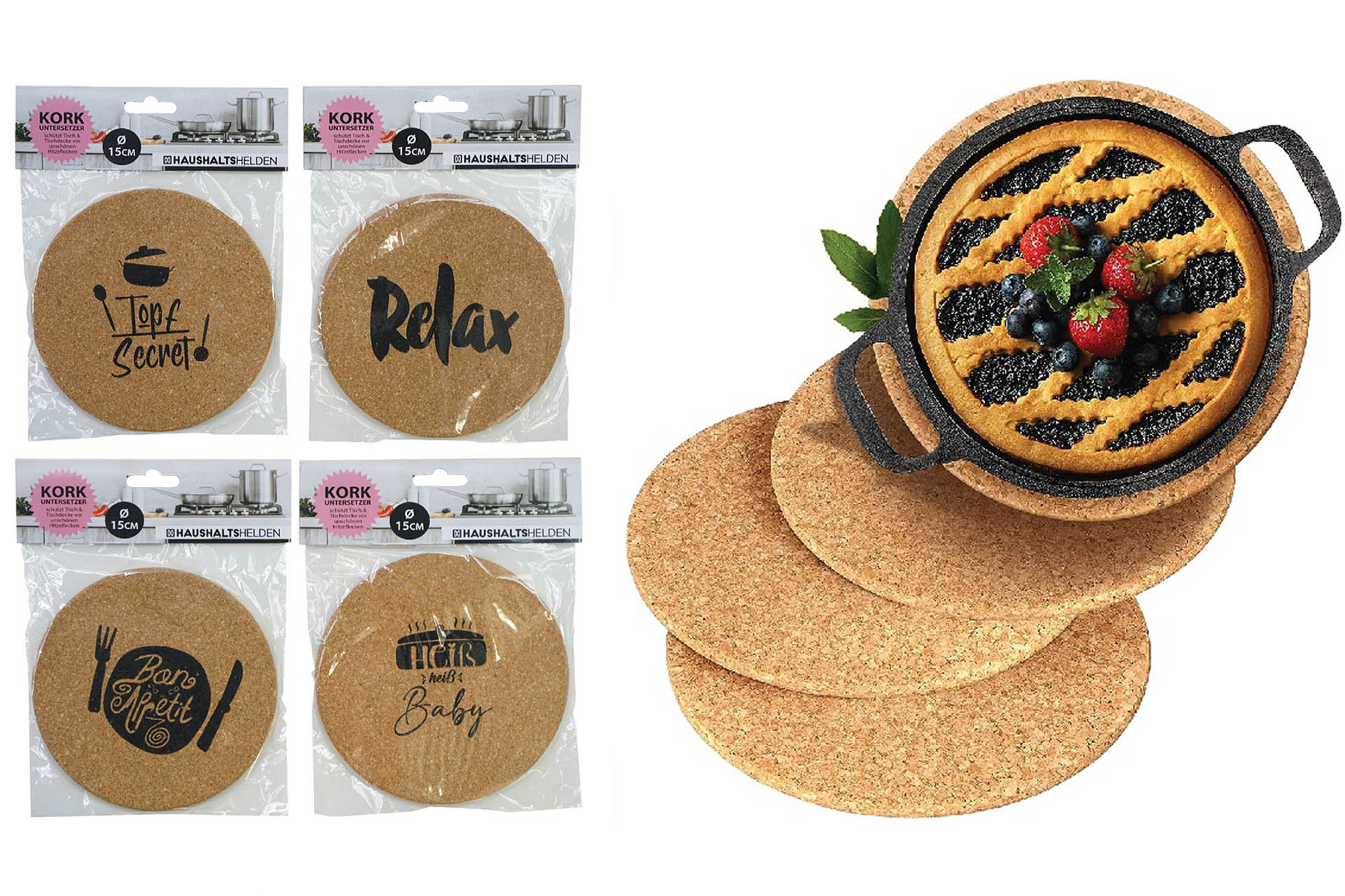 Korkuntersetzer 15cm mit Spruch rund, 4 Sprüche, sortiert